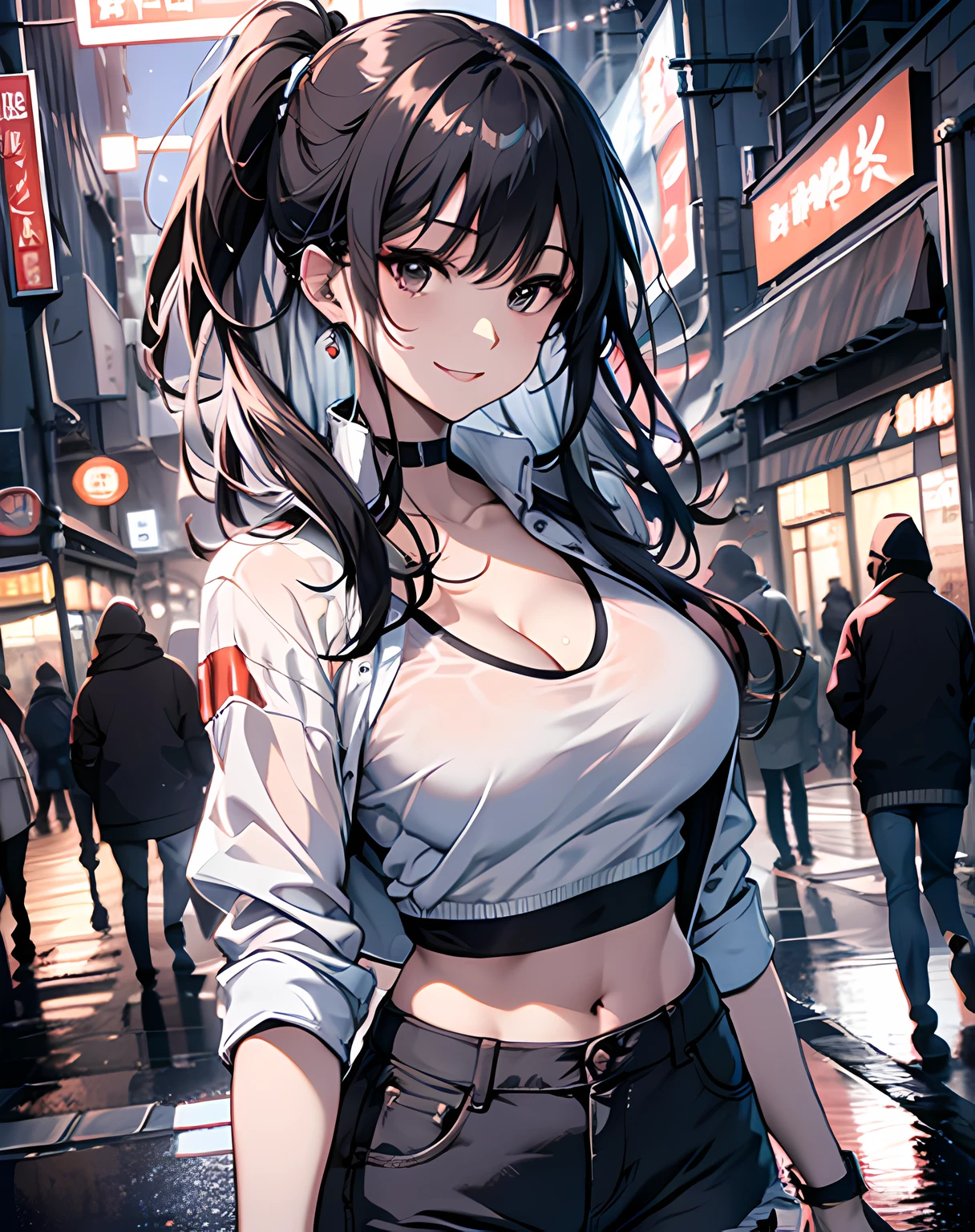 (8k, best quality, masterpiece:1,2), (realistic, photo-realistic:1,37), top quality, masterpiece, a beautiful woman, wearing a shirt for women crop v neck top white t-shirt korean fashion women t with a tight open gray color jacket, beautiful and toned body, cleavage, floral mini skirt, walking in the suburbs, slightly drizzling night background, in shops with Korean-style shop lights, night atmosphere, asphalt, seductive smiles with dimples, anime style,