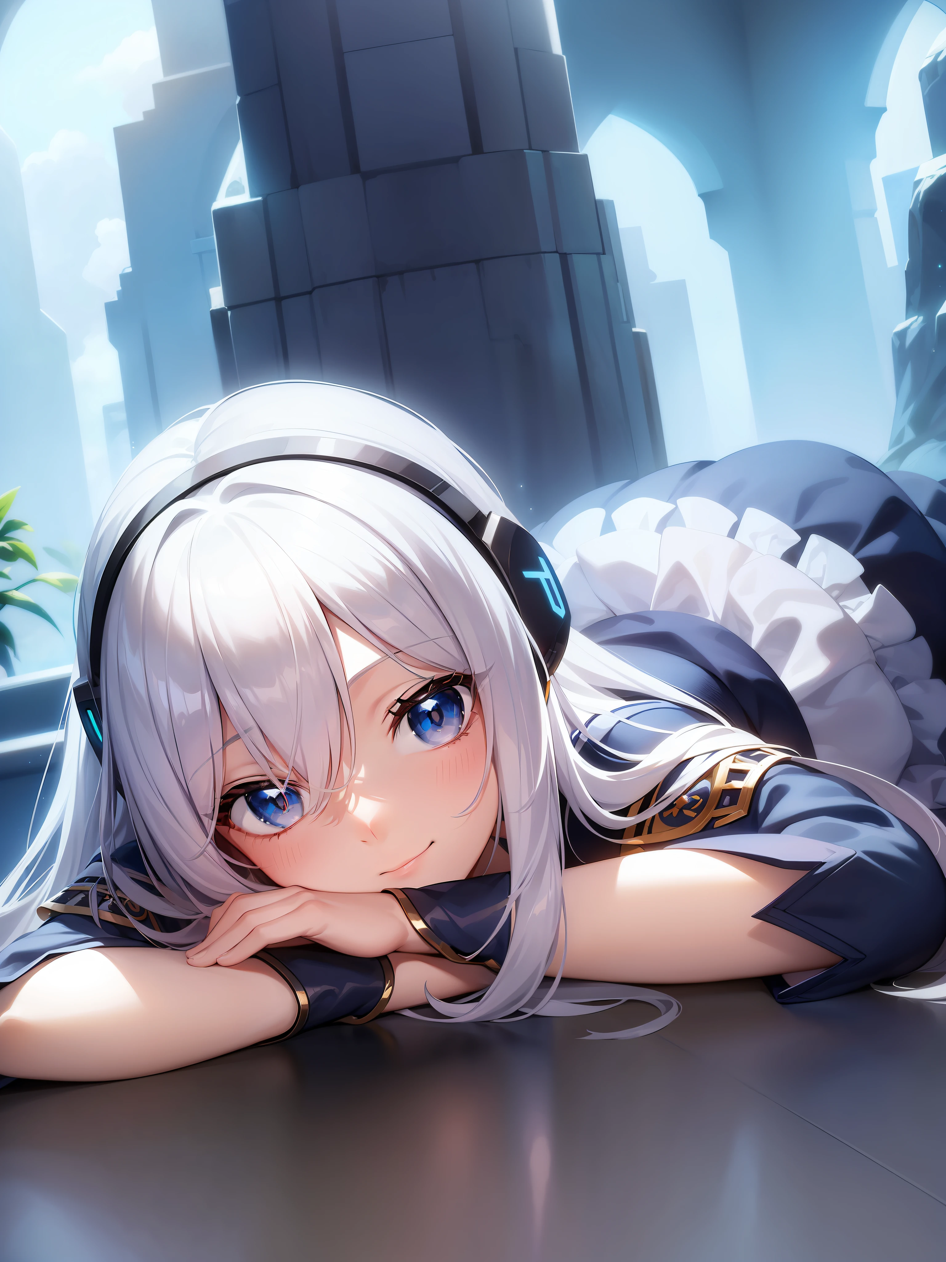 An adorable girl with white hair and blue eyes, sorriso cativante, usando um headphone gamer, lying down and immersed in an ethereal and magical setting, rodeada por estrelas e luzes brilhantes, imagem linda e detalhada