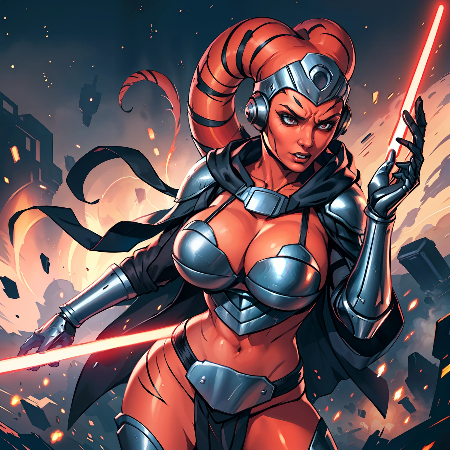 action scene, lightsaber fighting, lasers, explosions, fire, motion lines, depth of field, masterpiece, best quality, high-definition, armor, busty, ((red skin), twi'lek), dual red lightsabers, evil space knight, space ninja, (wearing black robes, black stealth armor, breastplate, tunic, tabard, cowl, cloak, body glove, straps, buckles, skirts, long sleeves, fantasy, ((armor))), ((busty), slender body, thin, slim sexy body, slim waist, (((huge breasts, gigantic breasts)))), Imperial starship, Star Wars,