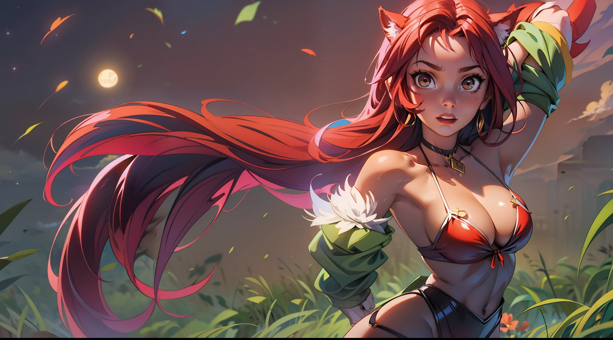 1 girl, ig model, league of legends, xayah, bird ears, action pose, arms up, arms behind head, red hair, brown eyes, lewd face, red bikini, micro bikini, cleavage, armpits, large breasts, wide hips, thick thighs, muscles, abs, realistic, ray traced, jungle, grass, trees, night, stars, moon, clouds