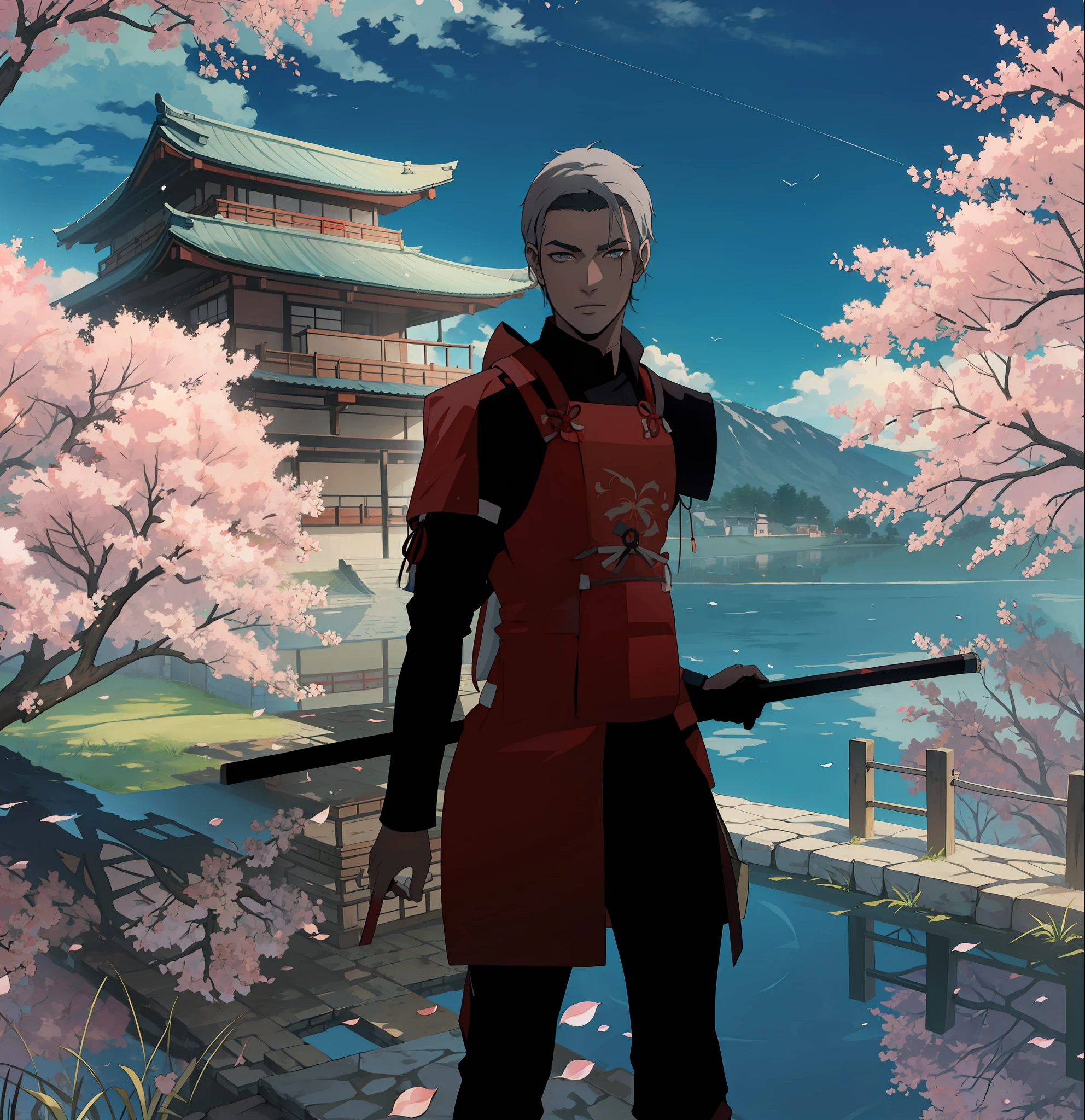 homen , Samurai , cabelo preto com pontas branca,Japanese castle
