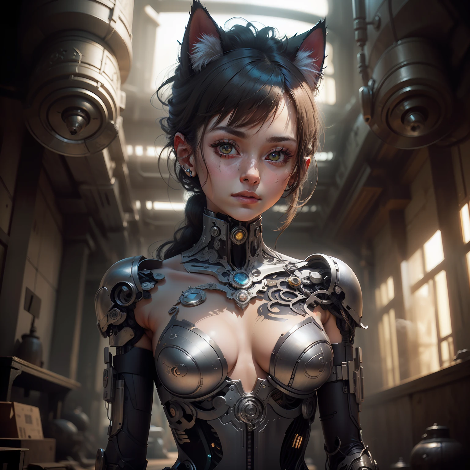 to8contrast style, a cute smoky kitten made out of metal, (cyborg:1.2), ([tail | detailed wire]:1.3), (intricate details), hdr, (intricate details, hyperdetailed:1.2), cinematic shot, vignette, centered, by Stray game, (the most beautiful portrait in the world:1.5)