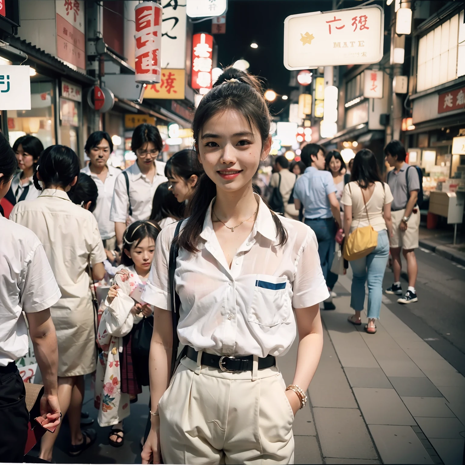 analog style, Photo, Photography, Polaroid Shot, Vintage 1980, Film Shots, Girl in her 15s, Japanese, slim, Ponytail, White shirt, tie, (White panties), tiny chest, Smile, on tokyo street, evening,