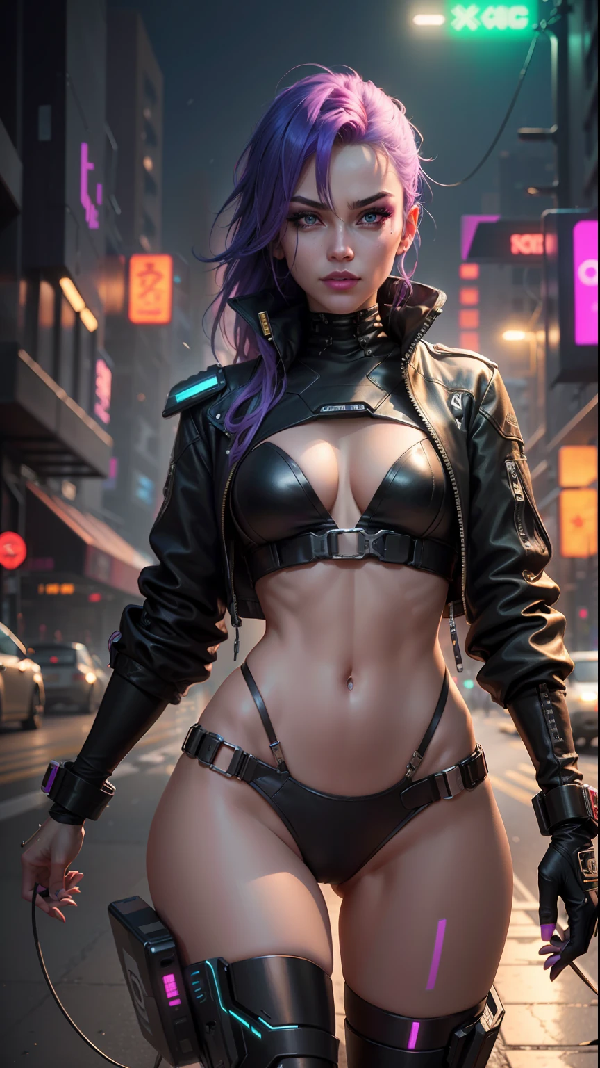 In a futuristic cyberpunk city, a mesmerizing hot girl with neon-purple hair, glowing cybernetic enhancements, and a sleek black leather jacket navigates the bustling streets with confidence and allure. Her piercing cybernetic eyes and enigmatic smirk hint at her technological prowess, making her a captivating and influential figure in the underground tech scene., beautiful detailed glow, detailed, Cinematic light, intricate detail, high resolution, detailed facial features, high detail, sharp focus, smooth, aesthetic, extremely detailed, stamp, octane render,