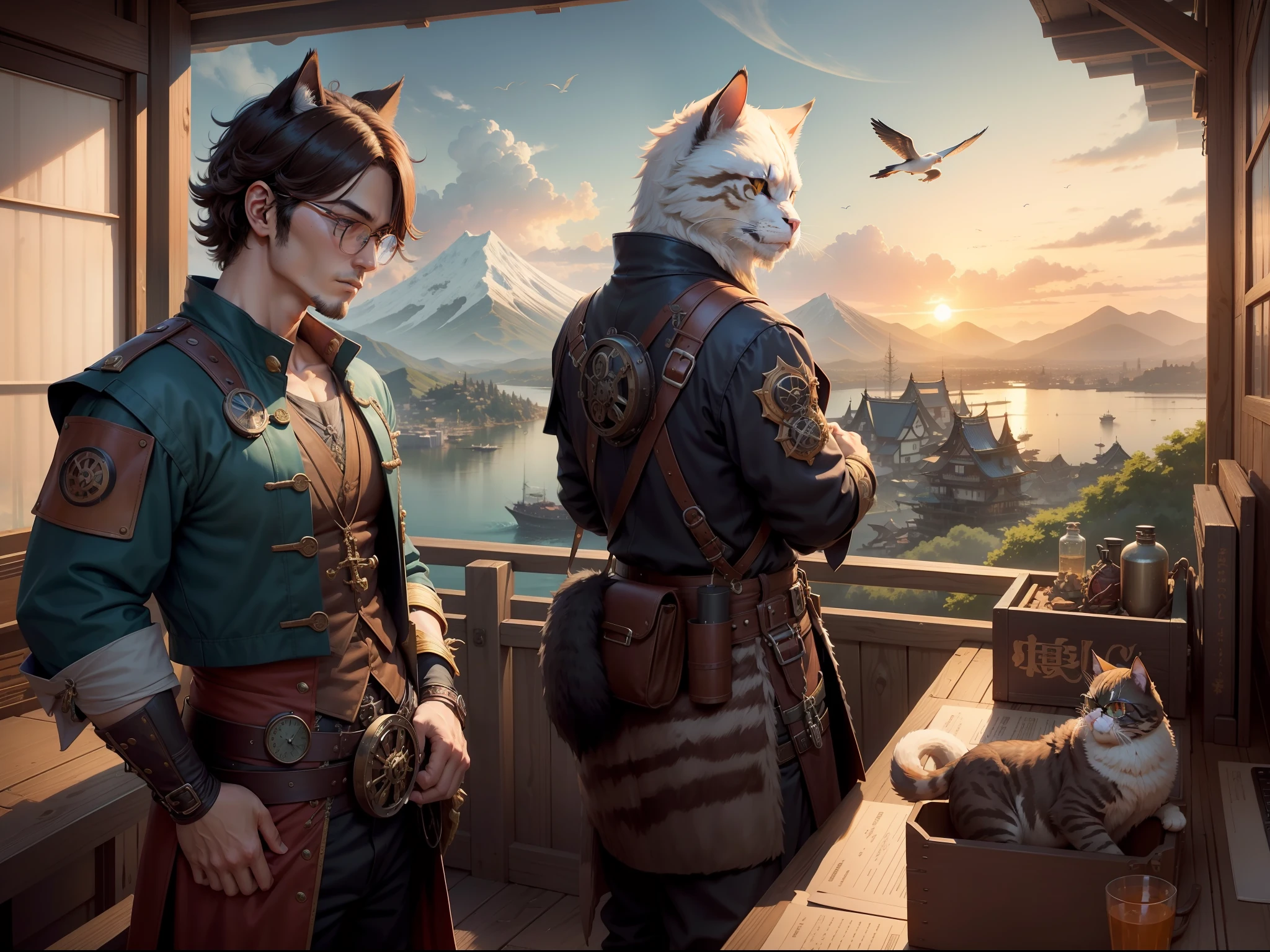 Landscape, open in the style of japan medival mix steampunk overlooking aerial wide angle view Uzumaki trade harbor is the island nation's largest trade barrier, bustling only behind the capital Nami. Beastmen and humans live together, They get along and support each other, not being distracted like on the continent. Burly primate clans support the chamfer, Cat traders wear glasses, Handle a calculation notebook, Bargaining with merchants. mountain, multiple others, outdoors, scenery, seagull, sky, skyscraper, standing, sunset, Japan medival mix steampunk tower.