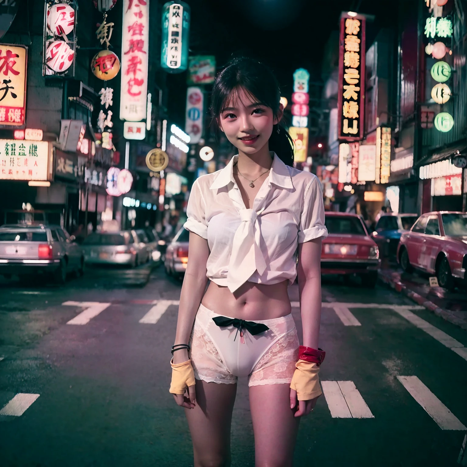 Girl in her s, Japanese, slim, (White panties), Ponytail, White shirt, tie,  tiny chest, Smile, on tokyo street, Night, neon signs, traffic, Dark theme, analog style, Photo, Photography, Polaroid Shot, Vintage 1980, Film Shots,