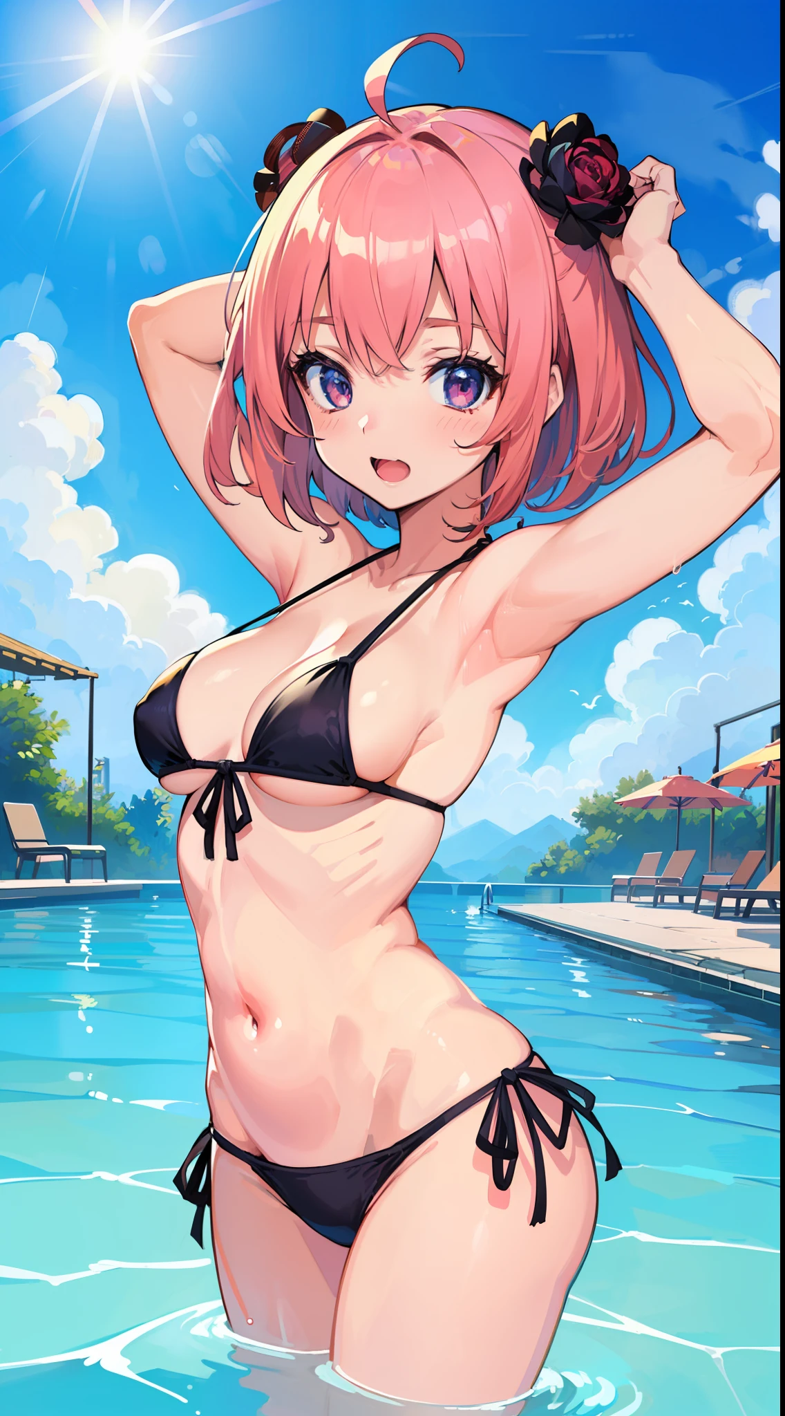 ((top-quality、8k、masterpiece:1.3))、1girl in、The bikini、swimming pools、Nasty body、Poses that emphasize breasts、Cute anime illustration、