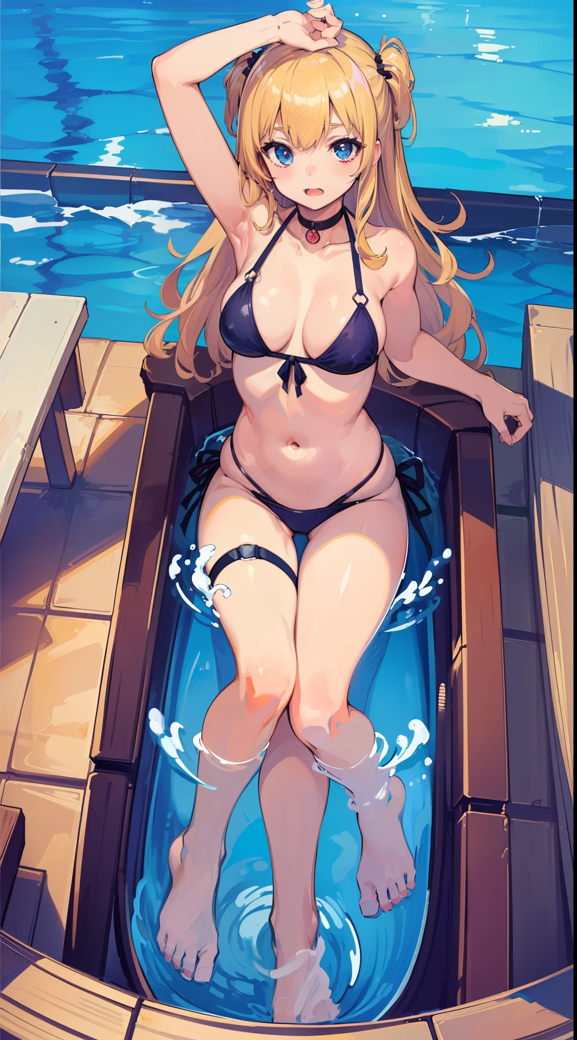 ((top-quality、8k、​masterpiece:1.3))、1girl in、The bikini、swimming pools、Nasty body、Poses that emphasize breasts、Cute anime illustration、