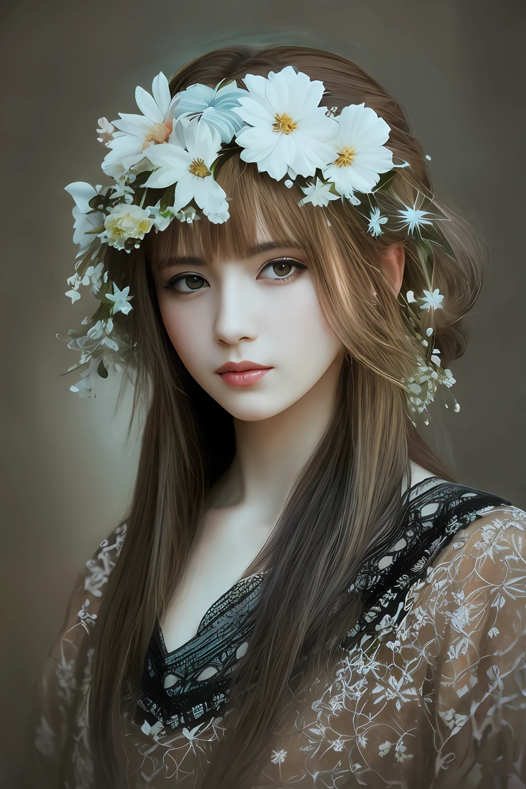 um desenho de uma mulher com flores vermelhas e white no cabelo, deusa. Detalhes extremamente altos, Retrato da deusa 3D, deusa flor, Arte digital altamente detalhada em 4k, Retrato da Deusa, retrato bonito da arte da fantasia, linda arte digital linda, lindo arte digital, Arte bonita UHD 4K, Arte digital detalhada em 4k, retrato de fantasia fosco detalhado, Grande arte digital com detalhes