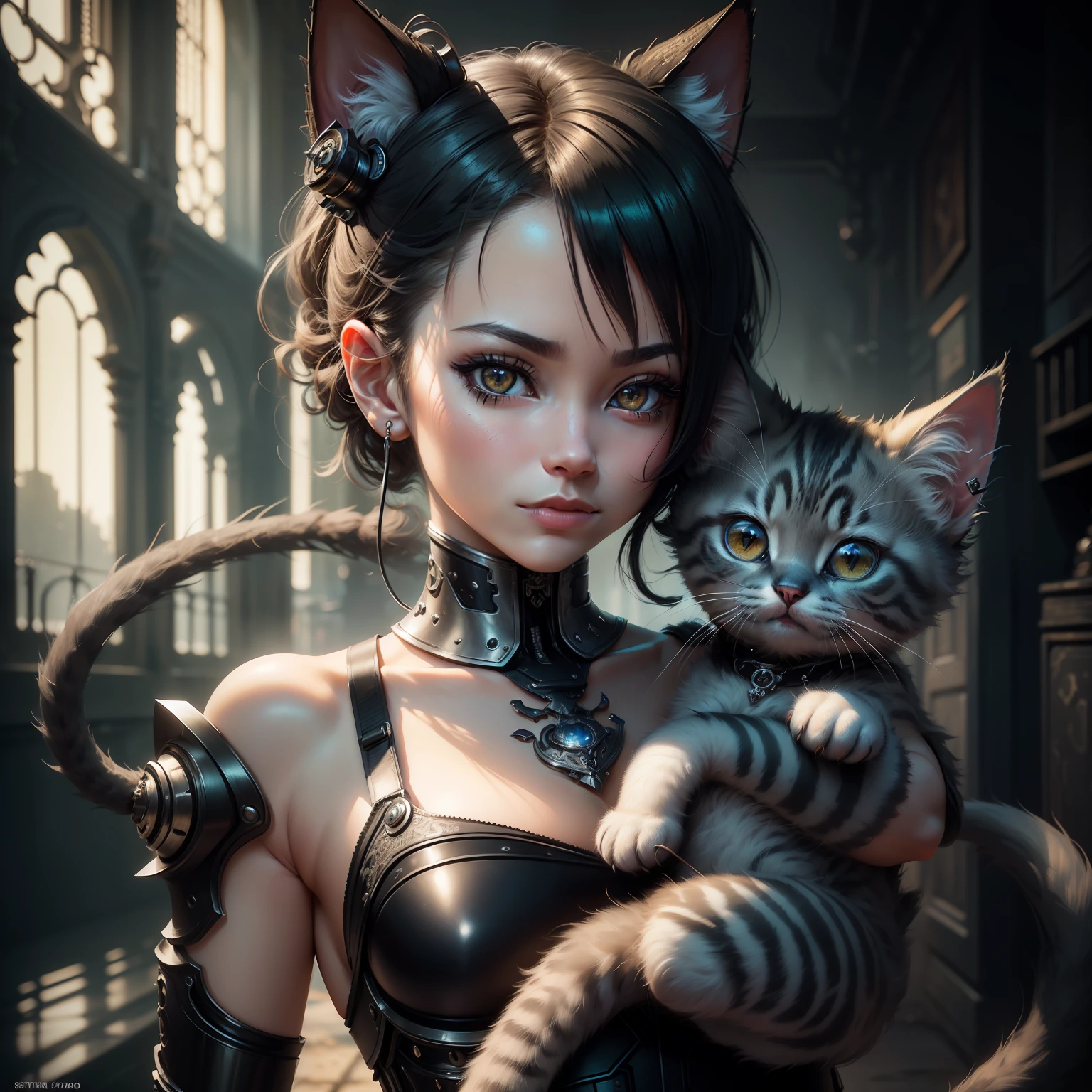 to8contrast style, a cute smoky kitten made out of metal, (cyborg:1.2), ([tail | detailed wire]:1.3), (intricate details), hdr, (intricate details, hyperdetailed:1.2), cinematic shot, vignette, centered, by Stray game, (the most beautiful portrait in the world:1.5)