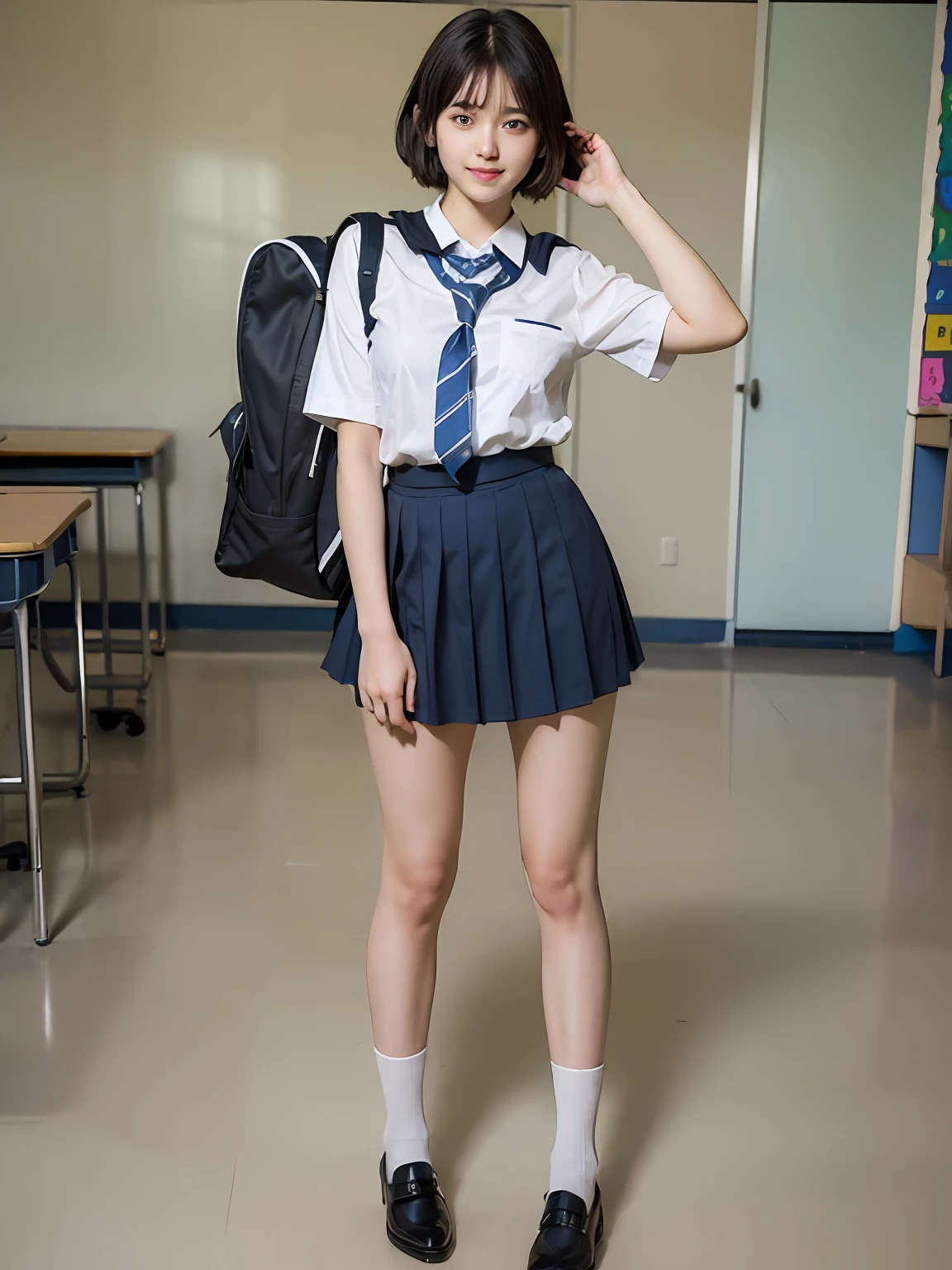 (school uniform:1.5), (photorealistic:1.4), (best quality:1.0), (ultra highres:1.0), 8k, RAW photo, (masterpiece:0.2), ultra-detailed, close short, 1girl, beautiful skin, detailed skin, looking at viewer, full body, (short hair:1), smile, (closed mouth:1)