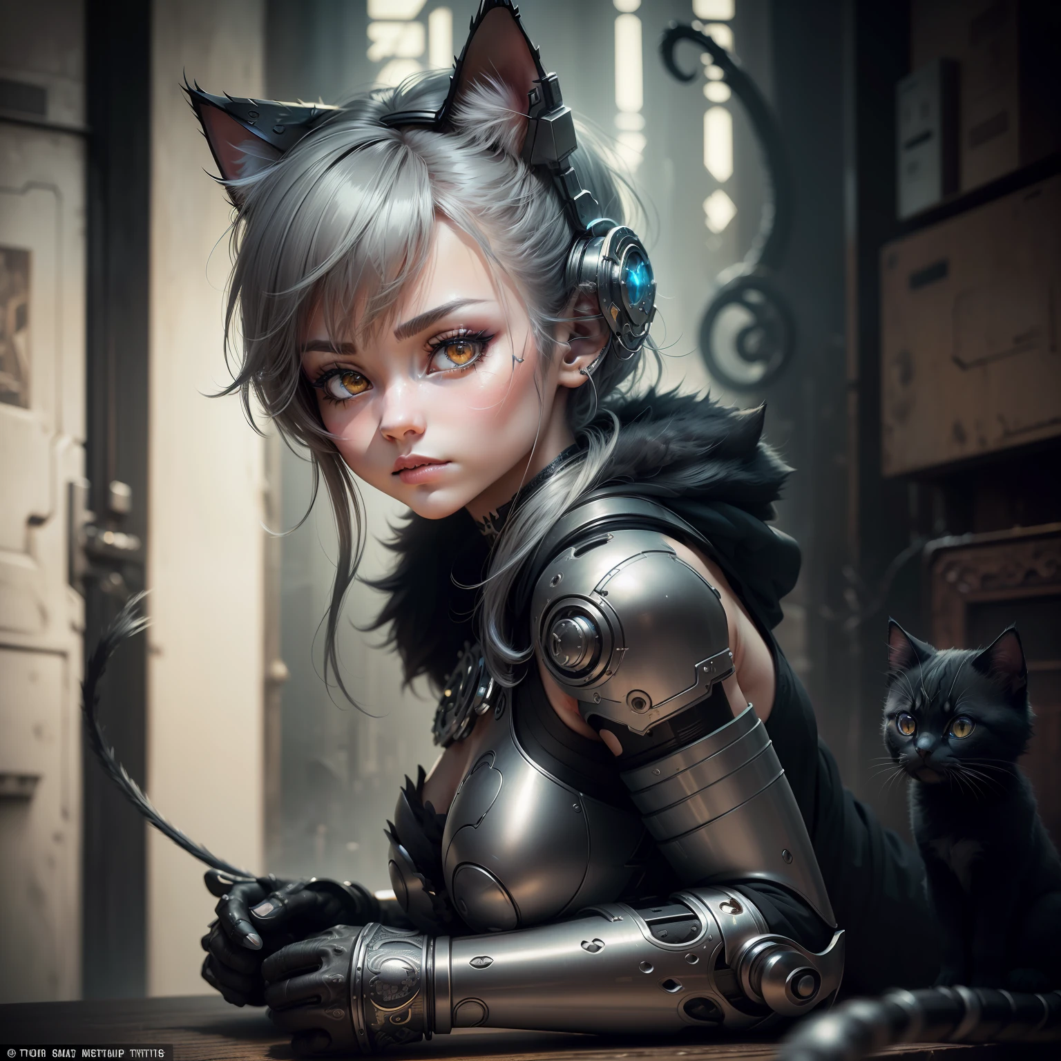 to8contrast style, a cute smoky kitten made out of metal, (cyborg:1.2), ([tail | detailed wire]:1.3), (intricate details), hdr, (intricate details, hyperdetailed:1.2), cinematic shot, vignette, centered, by Stray game, (the most beautiful portrait in the world:1.5)