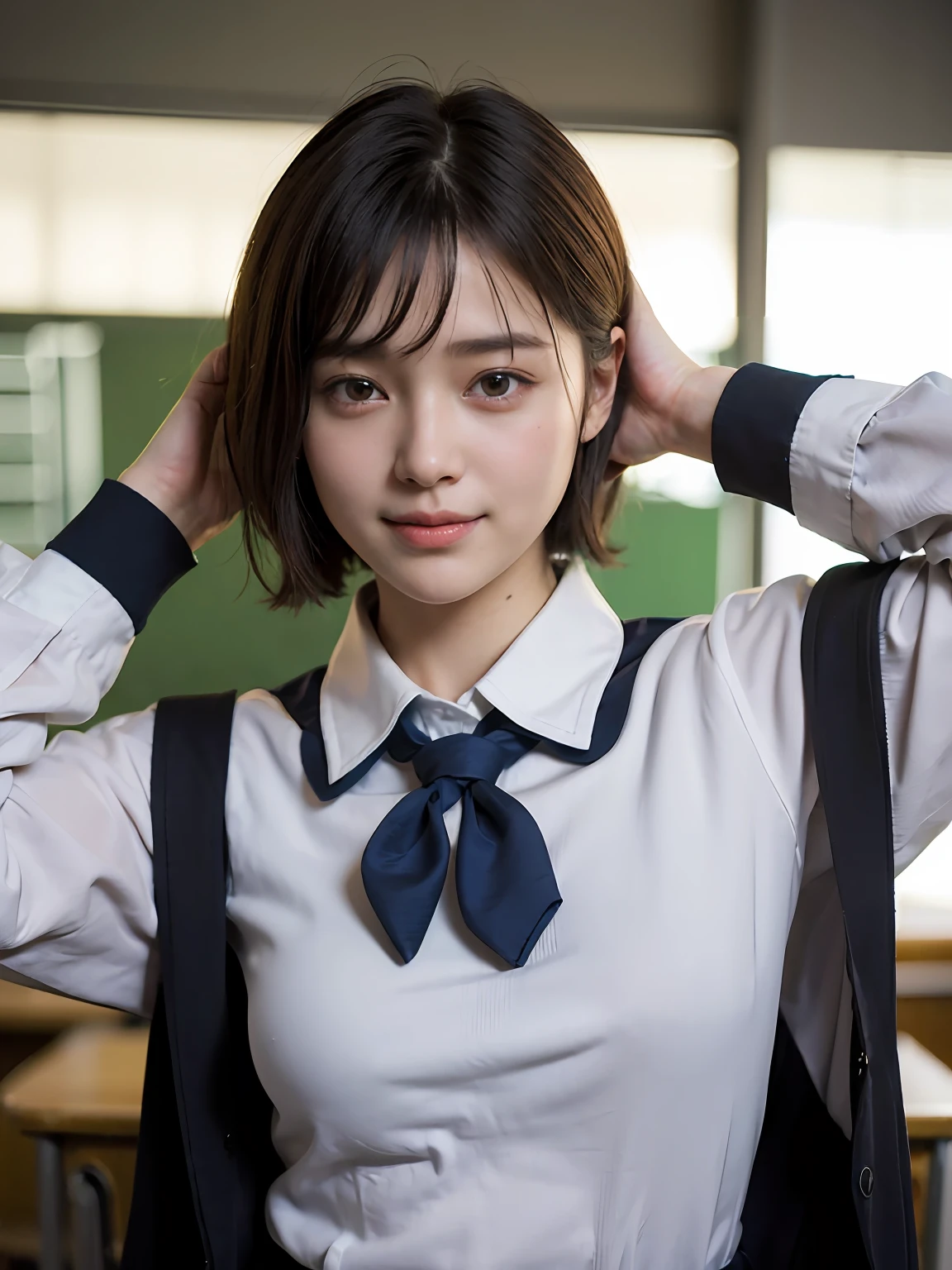 (school uniform:1.5), (photorealistic:1.4), (best quality:1.0), (ultra highres:1.0), 8k, RAW photo, (masterpiece:0.2), ultra-detailed, close short, 1girl, beautiful skin, detailed skin, looking at viewer, full body, (short hair:1), smile, (closed mouth:1)