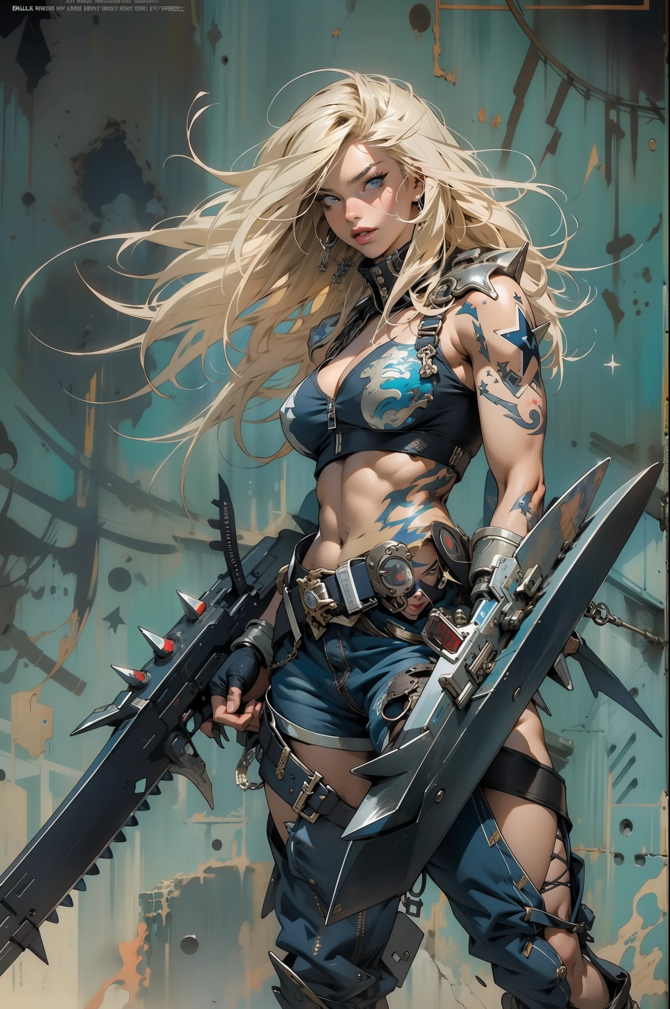 (((woman))), (((best quality))), (((masterpiece))), (((adult))), (((full body)))), A muscular 35-year-old full-body warrior perfect body, almost ????? in Simon Bisley's urban savage style for the cover of Heavy Metal magazine, blonde hair, Minimal clothing, armor (dark blue with white stars), full of ink-stained spikes and rivets, 5-pointed star tattoo,  (((full body)))