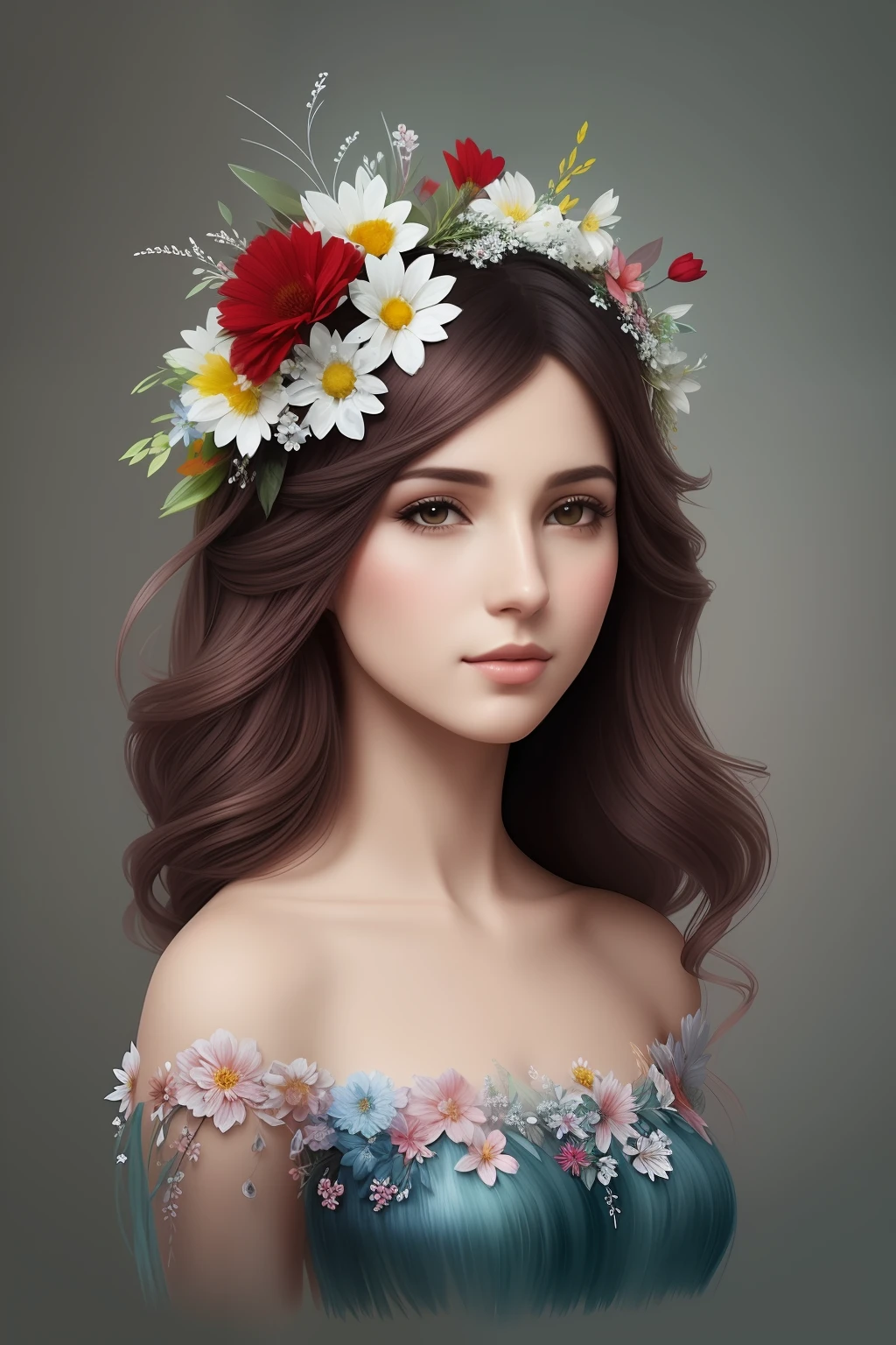 um desenho de uma mulher com flores red no cabelo, deusa flor, deusa. Detalhes extremamente altos, Retrato da deusa 3D, a beautiful artwork illustration, lindo arte digital, linda arte digital linda, retrato bonito da arte da fantasia, Retrato da Deusa, exquisite digital illustration, retrato de fantasia fosco detalhado, ela tem uma coroa de flores, Arte digital altamente detalhada em 4k, Grande arte digital com detalhes