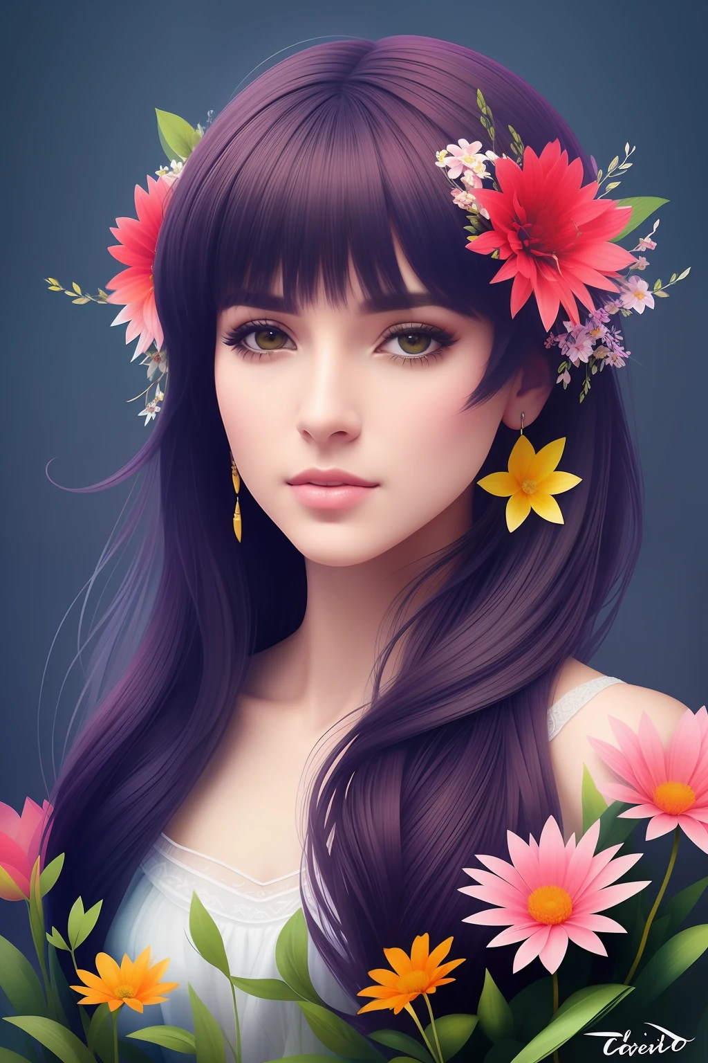 um desenho de uma mulher com flores red no cabelo, deusa flor, deusa. Detalhes extremamente altos, Retrato da deusa 3D, a beautiful artwork illustration, lindo arte digital, linda arte digital linda, retrato bonito da arte da fantasia, Retrato da Deusa, exquisite digital illustration, retrato de fantasia fosco detalhado, ela tem uma coroa de flores, Arte digital altamente detalhada em 4k, Grande arte digital com detalhes