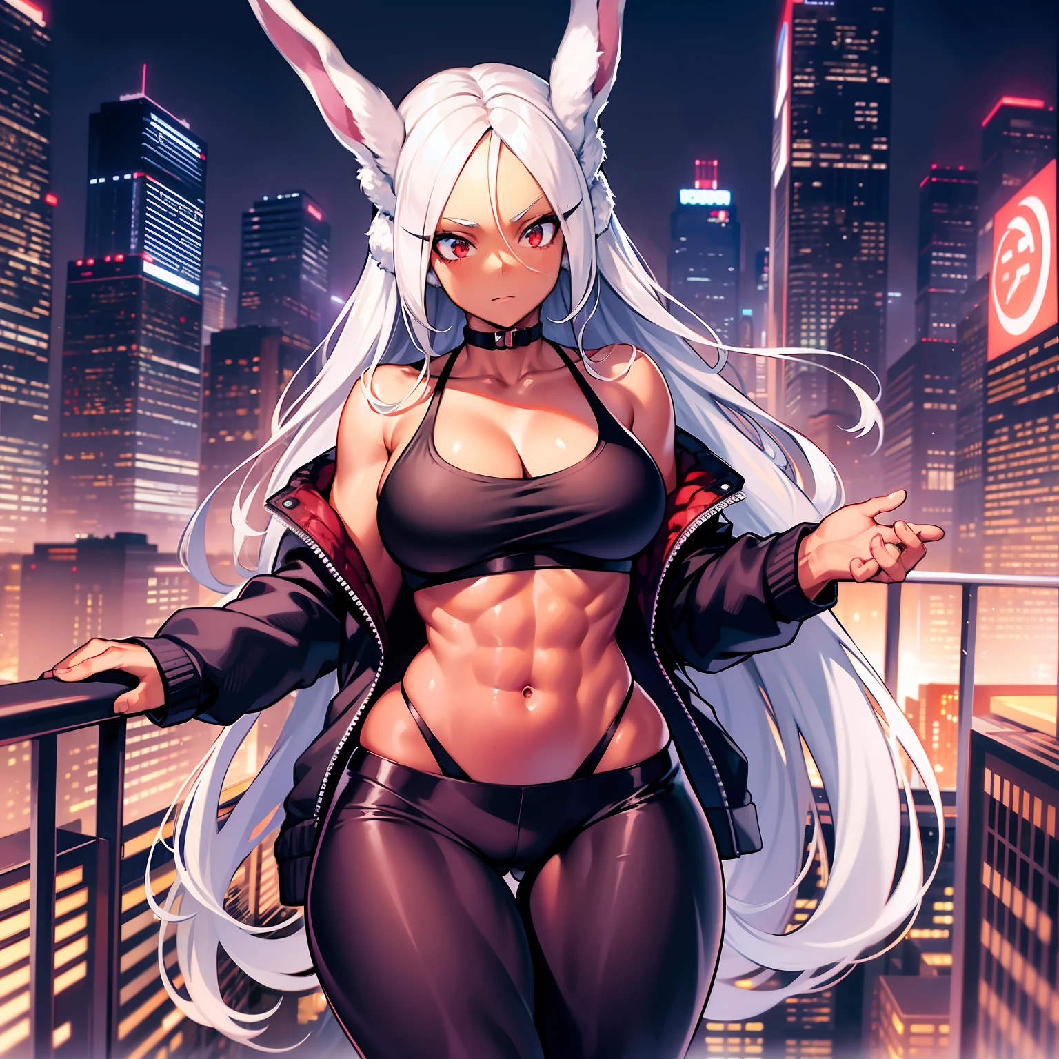 mirko mha, 1girl,solo,dark-skinned female, dark skin, large breasts,cropped jacket,abs, collarbone, yoga pants, thigh gap, thick thighs, black pant,looking at viewer, night time, crimson red theme,cityscape,cyberpunk, rabbit ears, rabbit girl, white hair, long hair, muscular female, red eyes,