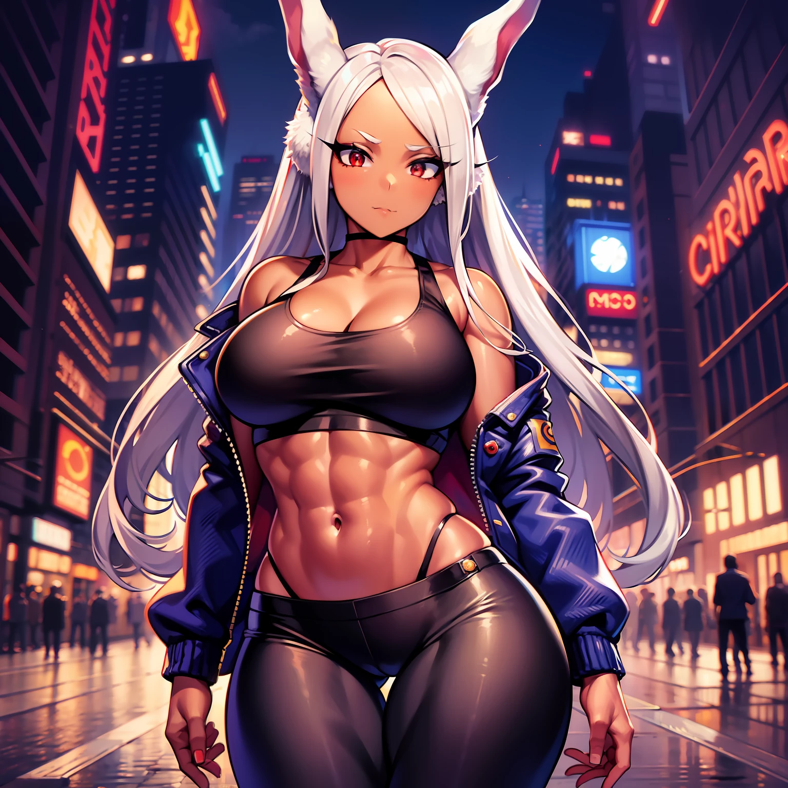 mirko mha, 1girl,solo,dark-skinned female, dark skin, large breasts,cropped jacket,abs, collarbone, yoga pants, thigh gap, thick thighs, black pant,looking at viewer, night time, crimson red theme,cityscape,cyberpunk, rabbit ears, rabbit girl, white hair, long hair, muscular female, red eyes,