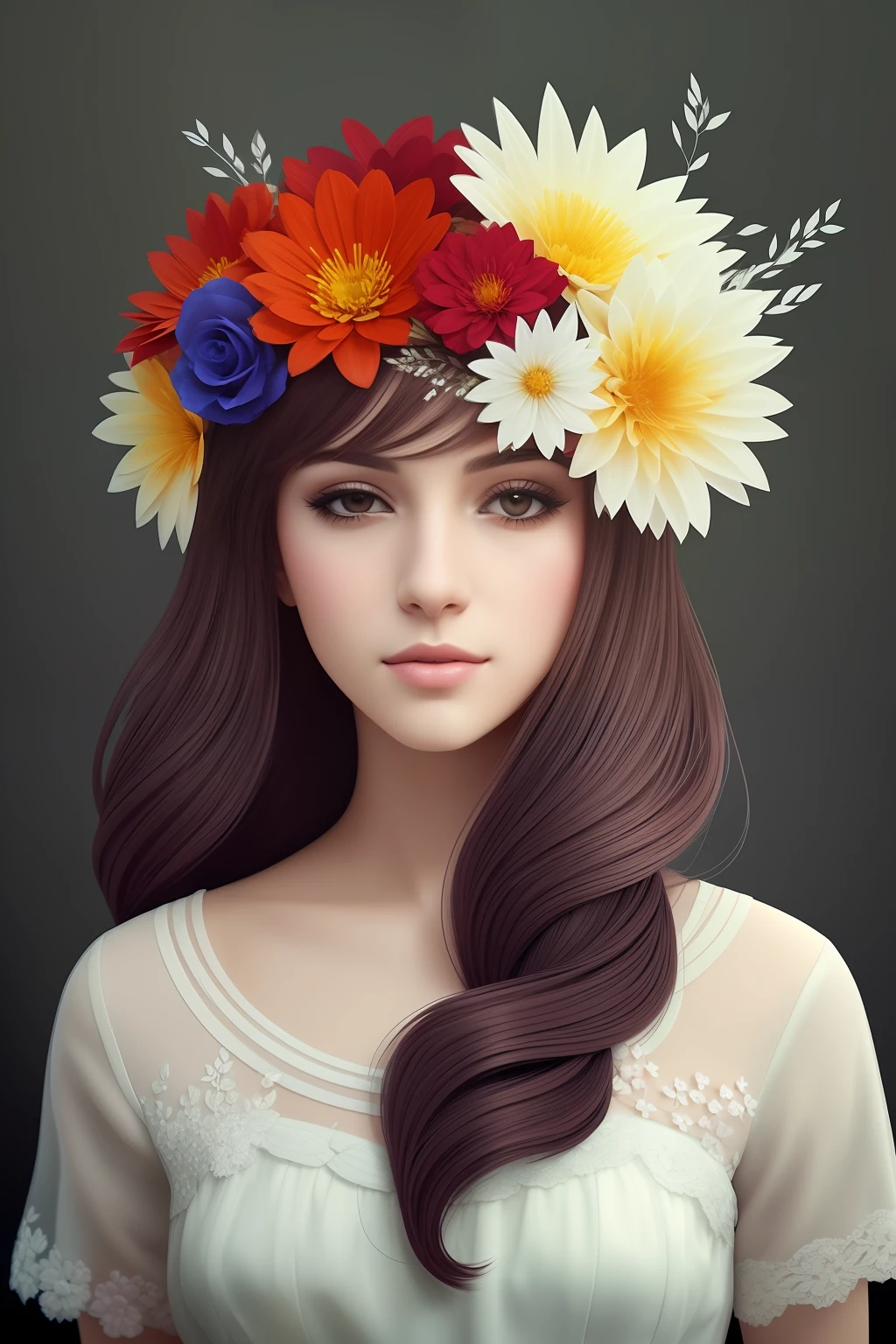 um desenho de uma mulher com flores red no cabelo, deusa flor, deusa. Detalhes extremamente altos, Retrato da deusa 3D, a beautiful artwork illustration, lindo arte digital, linda arte digital linda, retrato bonito da arte da fantasia, Retrato da Deusa, exquisite digital illustration, retrato de fantasia fosco detalhado, ela tem uma coroa de flores, Arte digital altamente detalhada em 4k, Grande arte digital com detalhes