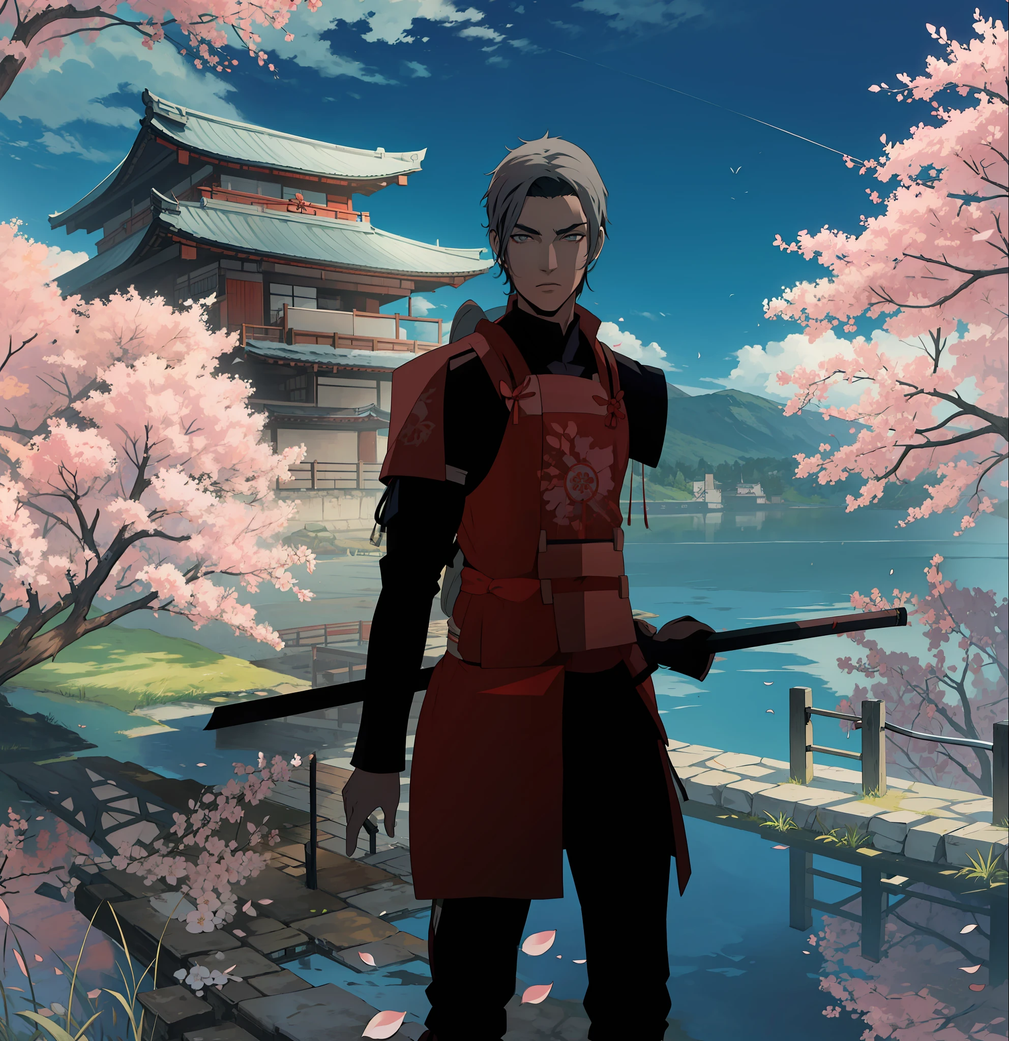 homen , Samurai , cabelo preto com pontas branca,Japanese castle