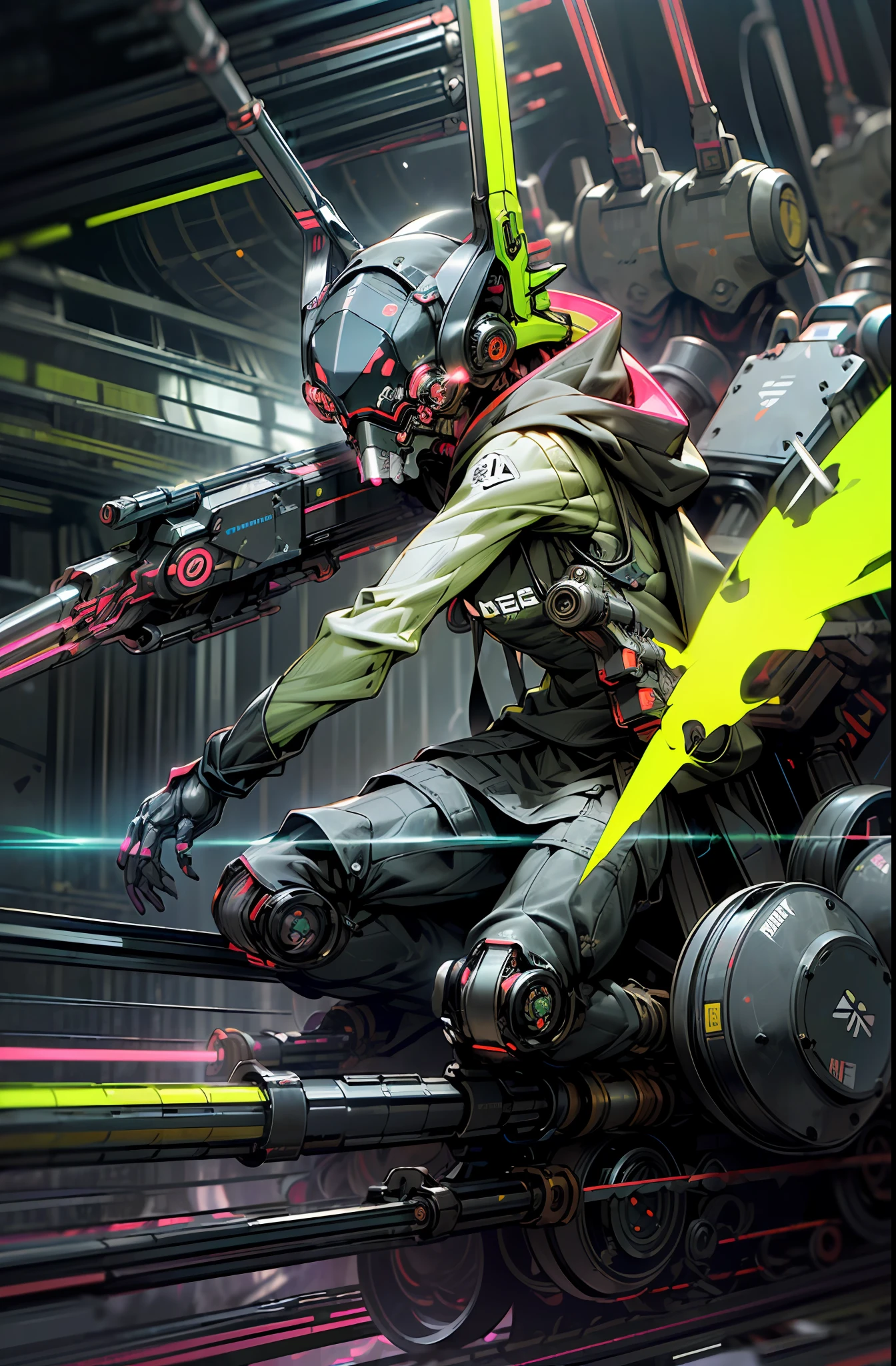 full Helmet、(gas masks:1.3)、(Explosive effect:1.5)、(Neon Paint:1.5)、(Arm fused with Gatling gun:1.6)、(Gatling gun:1.4)、(exercise)、(Wearing a hood:1.2)、colourfull、cyberpunked、(独奏)、droid、cyborgs、(Glitch Noise:1.5)