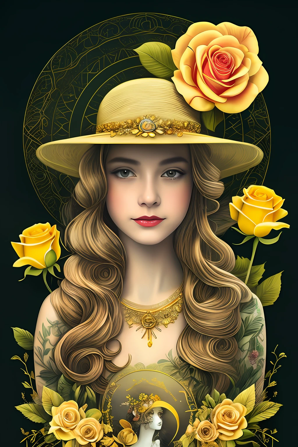 a woman with a hat and a rose tattoo design, arte vetorial em amarelo, Goddess Venus. detalhes extremamente altos, art deco flower shaman, full art illustration, a beautiful artwork illustration, White and yellow sketch colors, fundo preto, Goddess Venus, no estilo da arte da fantasia sombria, inspirado em Joe Fenton