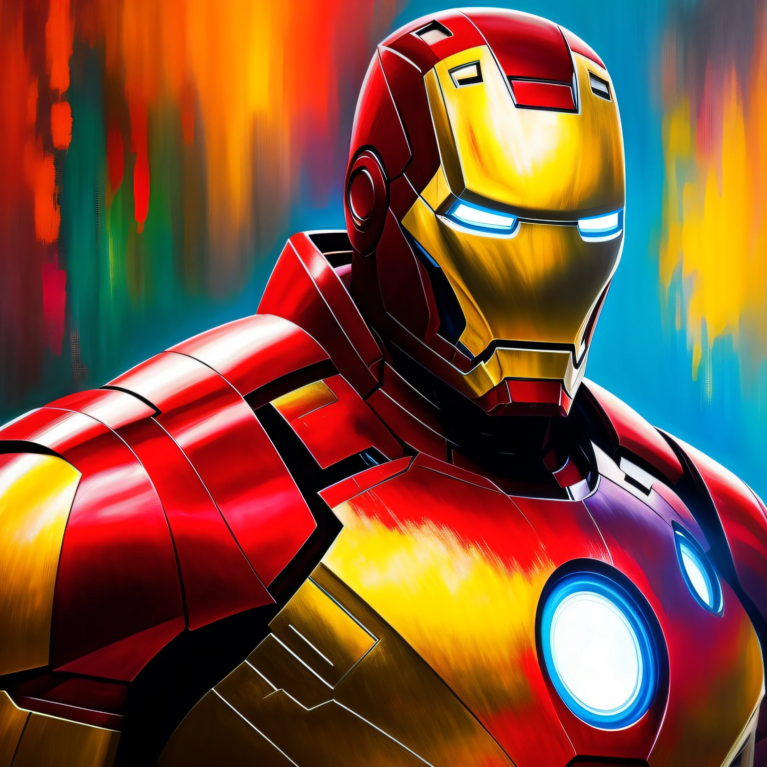 Iron Man . Painting style: "impressionism", with well-defined vibrant colors in 8K. Paint in such a way that the characters are easily recognizable and reveal the perfection of the characters' facial expressions.