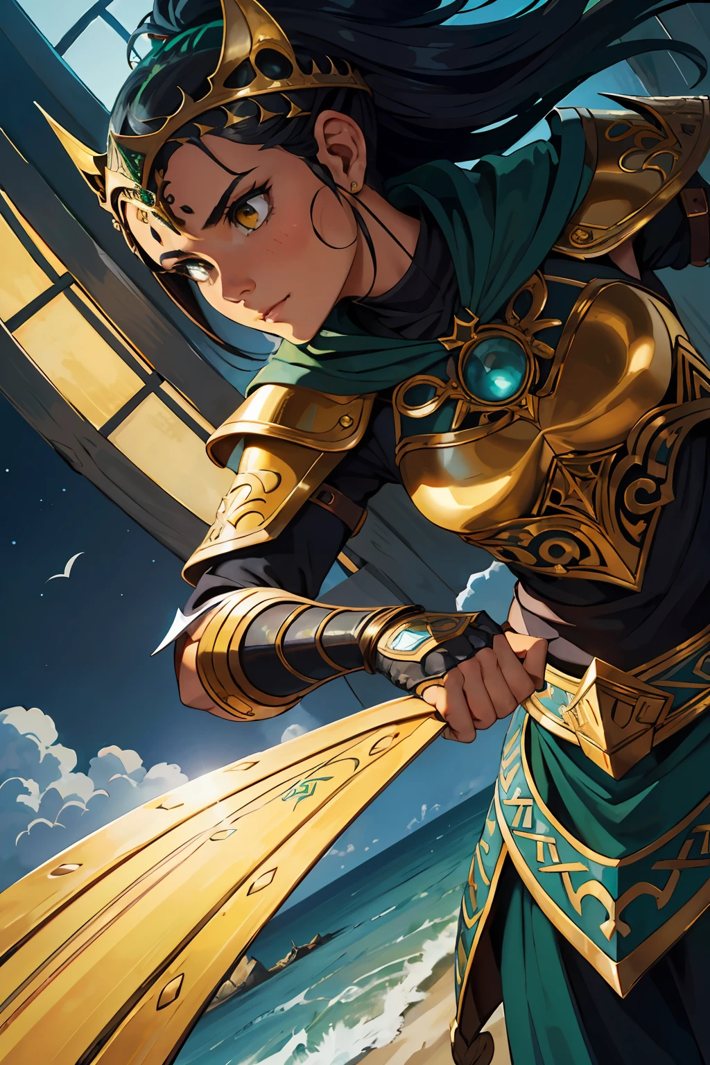 elfa, guerreira, armadura ,Close-up,imponentes chifres deco,(hiperdefinido),(arte com tinta),verde, amarelo, tons de laranja,Cartoon,celtic gothic aesthetic,complex lighting,(cores planas saturadas brilhantes),(ultradetalhado:1.2),absurdos, (atmosfera), cinematic  composition, detalhes finos, perspectiva, (Close-up:1.2), fundo abstrato da aquarela, (movimento:1.2)
