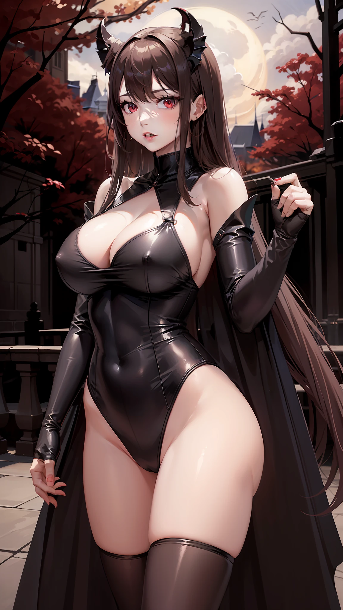 Masterpiece, highest quality, high resolution, solo, large breasts, red eyes, pale ivory skin, long hair, dark brown hair, bangs, vampire, gothic, illuminating light, black outfit, sexy bdsm outfit, cute pose standing