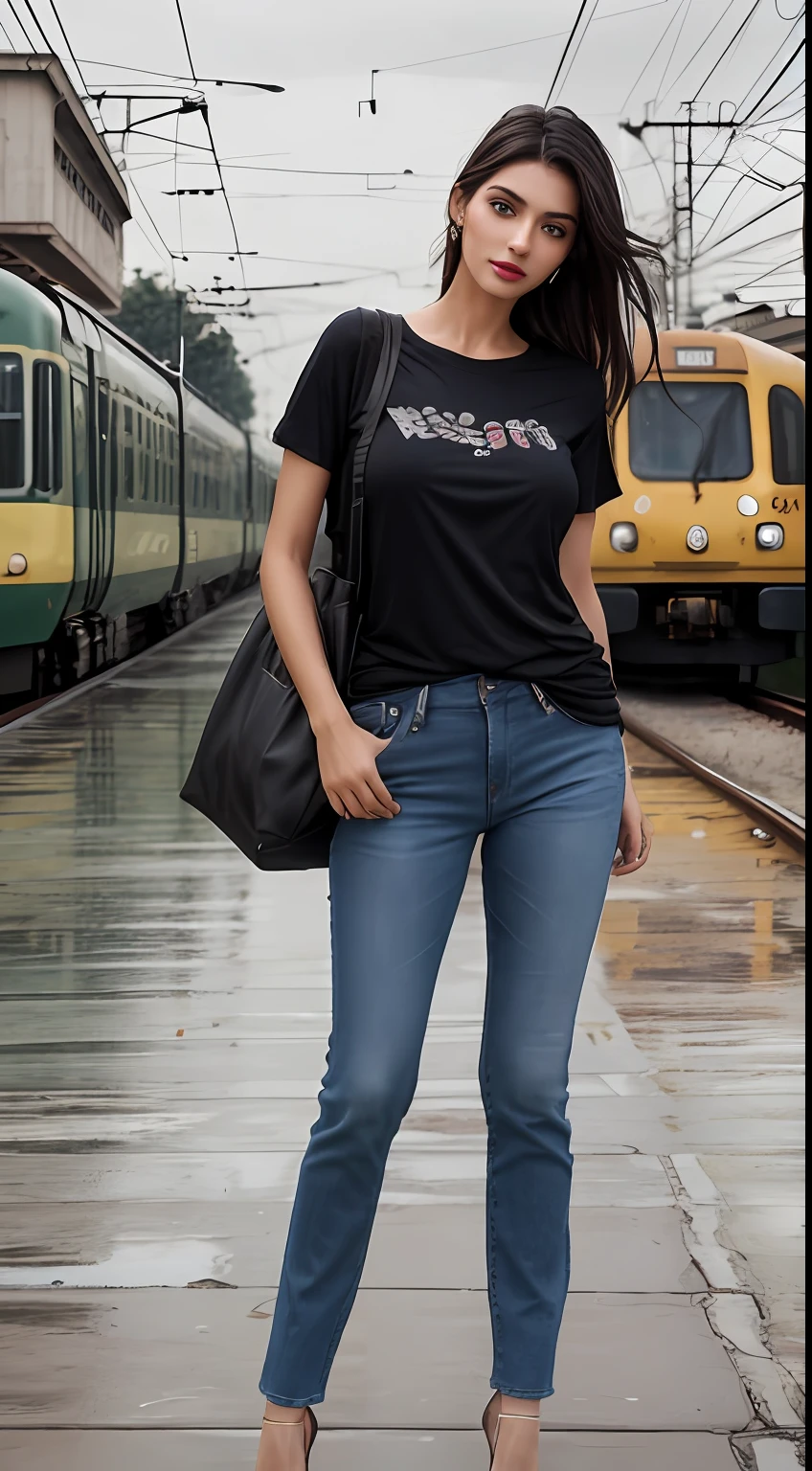 ((Best Quality, 8k, Masterpiece:1.3)), Focus: 1.2, Perfect Body Beauty: 1.4, front looking 1.2, (long black weavy hairstyle)), (White round neck plain Baggy Tee-shirt, baggy style:1.1) , (rainy weather, Street:1.3), Baggy fitting jeans , full length blue baggy jeans: 1.1, Highly detailed face and skin texture, Detailed eyes, Double eyelids, toned body, Whitened skin, smile, black straight hair's, high heels, firm breasts, firm thiges, looking at camera, fashion shoot style, full body length tee-shirt, Short sleeves, high heels, big earrings, hand bangle's and golden watch. Carrying travel bag, light lipstick, lose baggy Teeshirt , standing at railway station Lahore, Pakistani green train in background, Lahore railway platform, raining, dark cloud's, rainy atmosphere, walking style, model shoot, posing