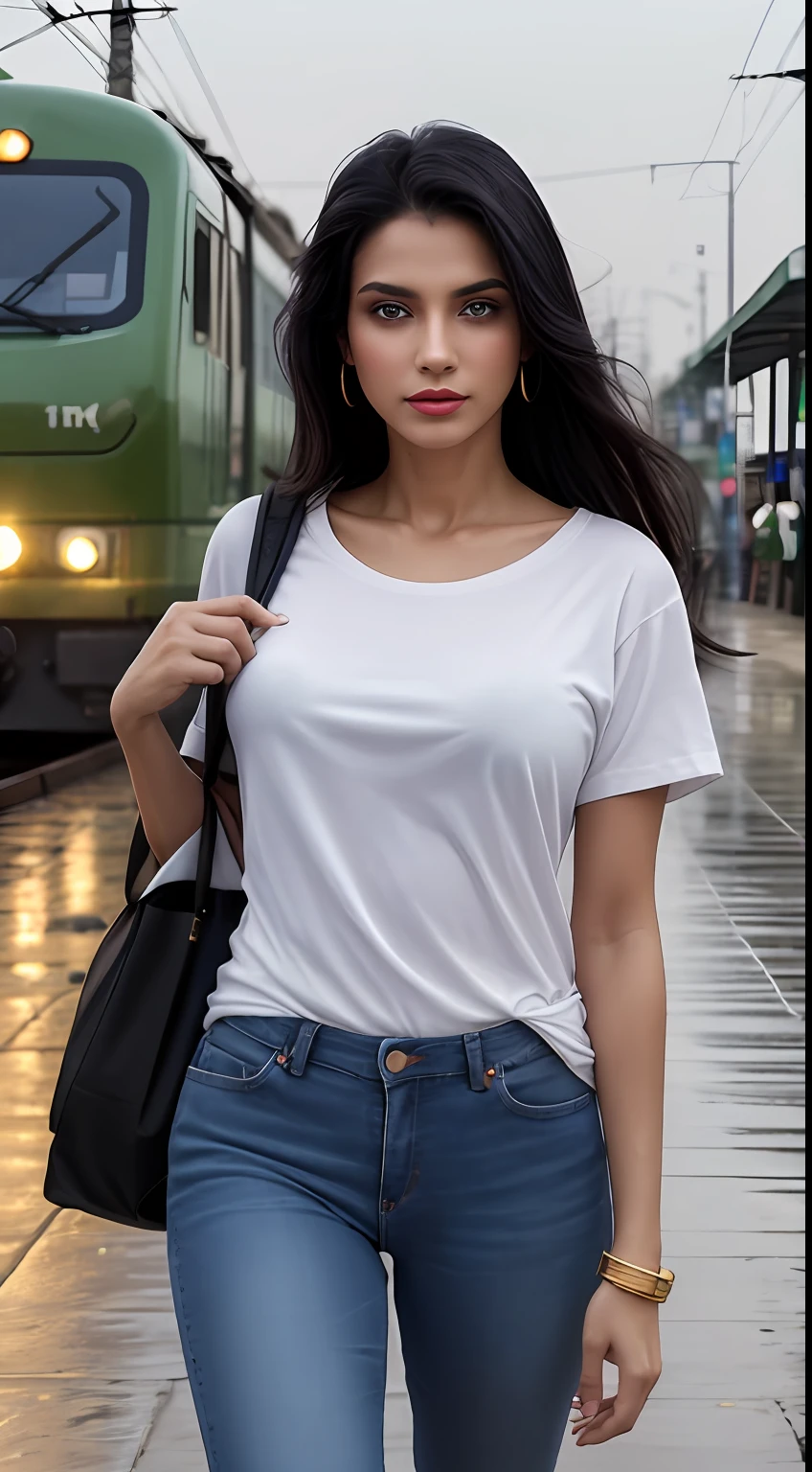 ((Best Quality, 8k, Masterpiece:1.3)), Focus: 1.2, Perfect Body Beauty: 1.4, front looking 1.2, (long black weavy hairstyle)), (White round neck plain Baggy Tee-shirt, baggy style:1.1) , (rainy weather, Street:1.3), Baggy fitting jeans , full length blue baggy jeans: 1.1, Highly detailed face and skin texture, Detailed eyes, Double eyelids, toned body, Whitened skin, smile, black straight hair's, high heels, firm breasts, firm thiges, looking at camera, fashion shoot style, full body length tee-shirt, Short sleeves, high heels, big earrings, hand bangle's and golden watch. Carrying travel bag, light lipstick, lose baggy Teeshirt , standing at railway station Lahore, Pakistani green train in background, Lahore railway platform, raining, dark cloud's, rainy atmosphere, walking style, model shoot, posing