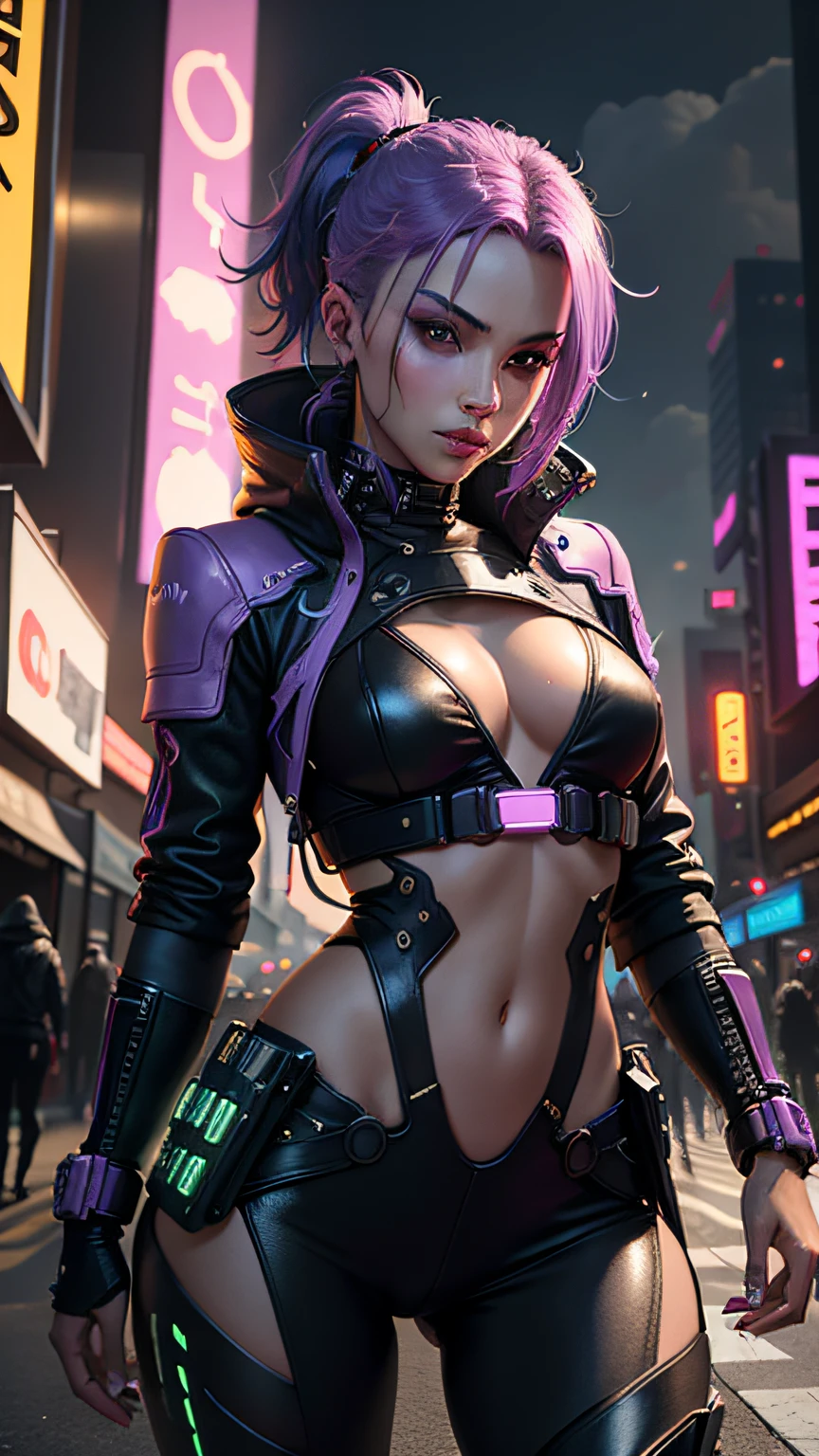 In a futuristic cyberpunk city, a mesmerizing hot girl with neon-purple hair, glowing cybernetic enhancements, and a sleek black leather jacket navigates the bustling streets with confidence and allure. Her piercing cybernetic eyes and enigmatic smirk hint at her technological prowess, making her a captivating and influential figure in the underground tech scene., beautiful detailed glow, detailed, Cinematic light, intricate detail, high resolution, detailed facial features, high detail, sharp focus, smooth, aesthetic, extremely detailed, stamp, octane render,