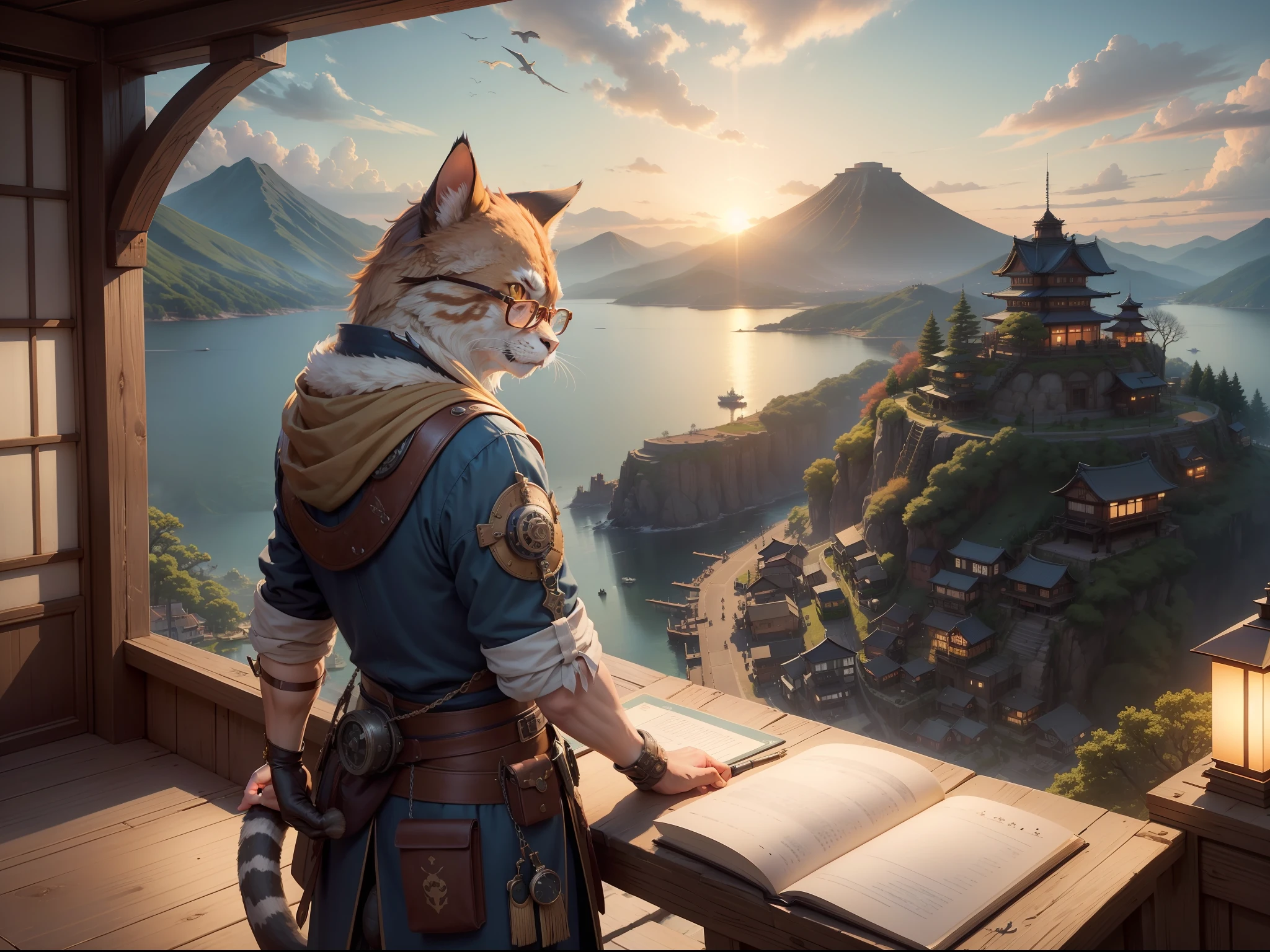 Landscape, open in the style of japan medival mix steampunk overlooking aerial wide angle view Uzumaki trade harbor is the island nation's largest trade barrier, bustling only behind the capital Nami. Beastmen and humans live together, They get along and support each other, not being distracted like on the continent. Burly primate clans support the chamfer, Cat traders wear glasses, Handle a calculation notebook, Bargaining with merchants. mountain, multiple others, outdoors, scenery, seagull, sky, skyscraper, standing, sunset, Japan medival mix steampunk tower.