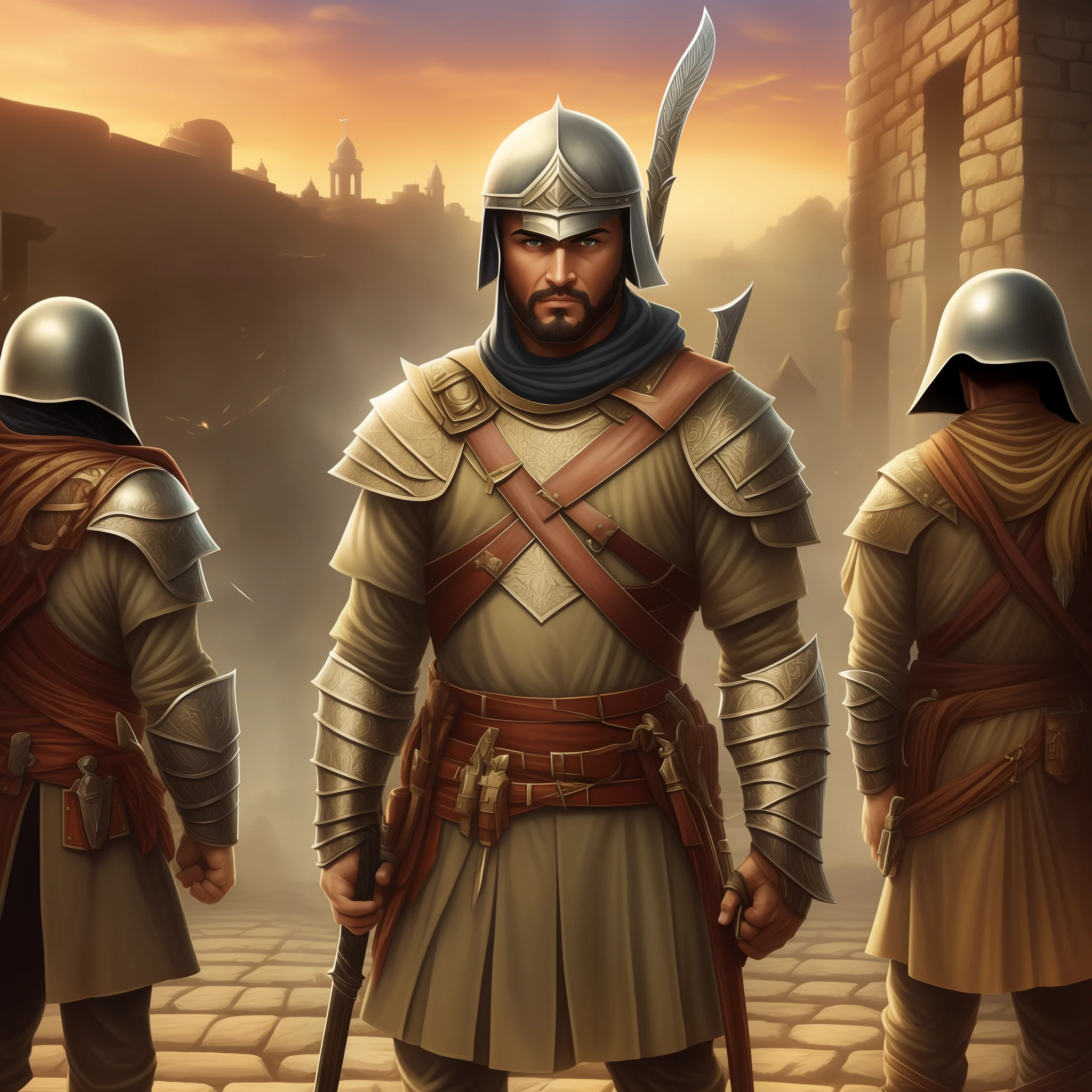 "Draw a realistic picture of the city of Jerusalem, com suas muralhas altas e imponentes, No centro da cena. In the heart of the city, coloque o Rei Davi com cabelos curtos e avermelhado, vestido com sua armadura real, holding his sword and with a confident expression on his face. Posicione os valentes de Davi ao seu lado, prontos para a guerra contra os Filisteus. They must also be wearing armor, wielding their weapons and showing determination in their gazes. Be sure to clearly portray the strength and courage of David's valiant men, enquanto eles se preparam para a batalha. In the scenery, Also include the Philistine soldiers, no horizonte, Showing Himself as an Imminent Threat. Make sure the image conveys the atmosphere of tension and anticipation of the confrontation between David and the Philistines. Use bold shades of color and shadows to create a sense of drama and action. Feel free to add more detail to the scene, like the flag of Jerusalem fluttering in the wind or the sun setting on the horizon, para tornar a imagem ainda mais impactante."