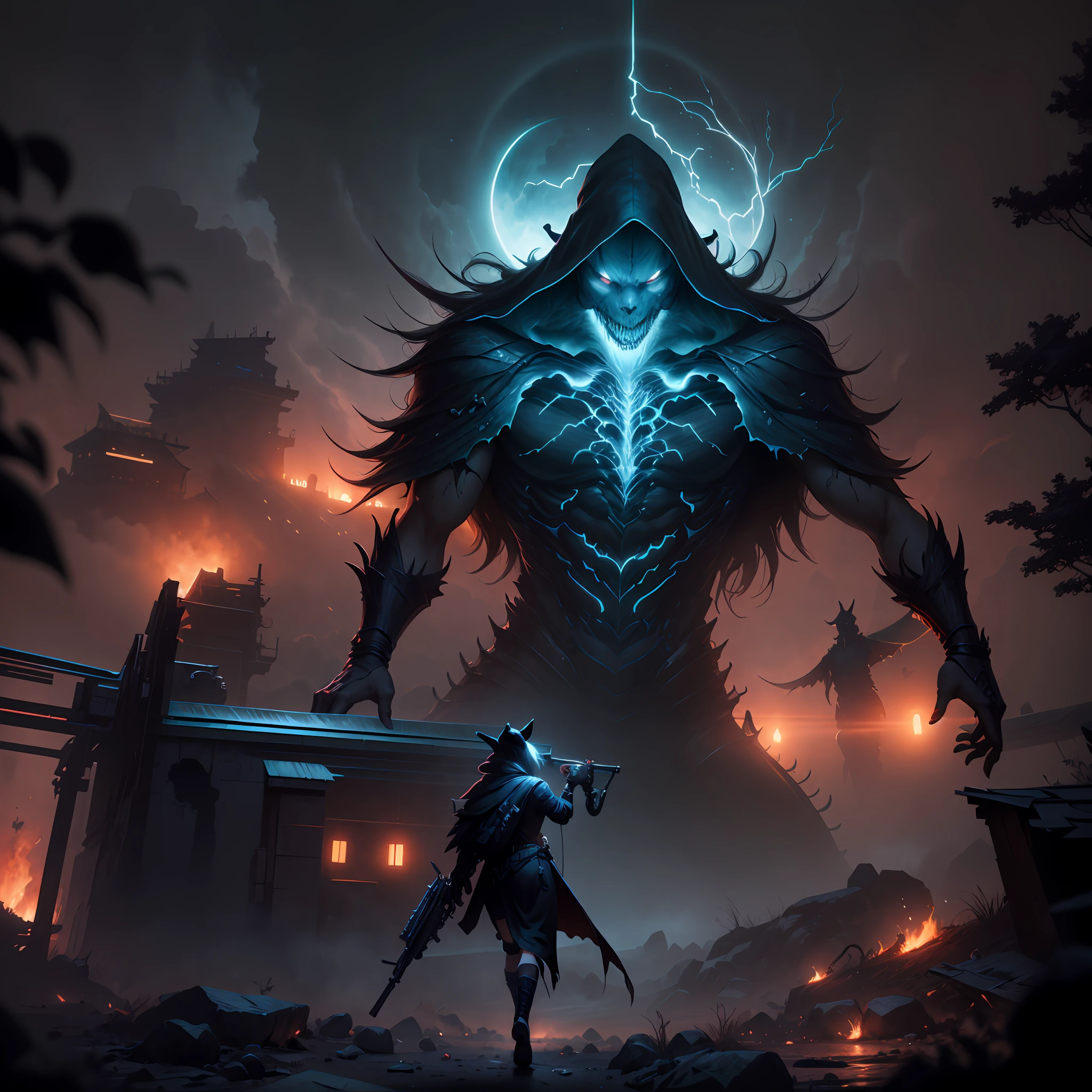 witch with a gun in front of a demonic creature, Paul Lehr e Beeple, menacingly. irreal 5, Fantasma de Tsushima, action rpg video game, videogame render, Captura de tela do videogame de 2020, arte do jogo ultra detalhada, red and cinematic lighting, fantastic screenshot art, Dan Mumford. 8K octane rendering, Unreal Engine 5 Arte Digital