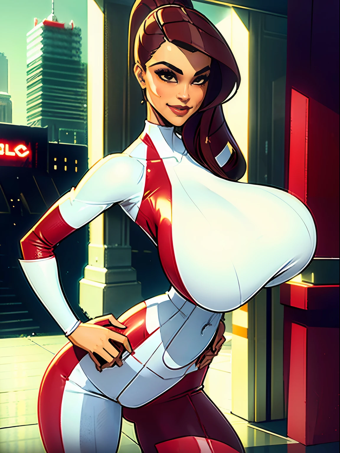 1girl, short busty petite brunette comic book woman, gorgeous face, masterpiece, beautiful, high quality, high definition, superb quality, highly detailed, insane detail, hands on hips, happy, smiling, sexy pose, hand on hip, long hair, huge ponytail, slim, thin, athletic, womanly, rubbery, elastic woman, (modest red spandex with white panels on sides, red and white morph suit, tight top), rubber body, brunette, (((huge breasts, big boobs, slim waist, overflowing breasts, too big for her top))), city, soft lighting, natural lighting, natural color, heroic, cheerful, (bold nose, hawkish facial features),