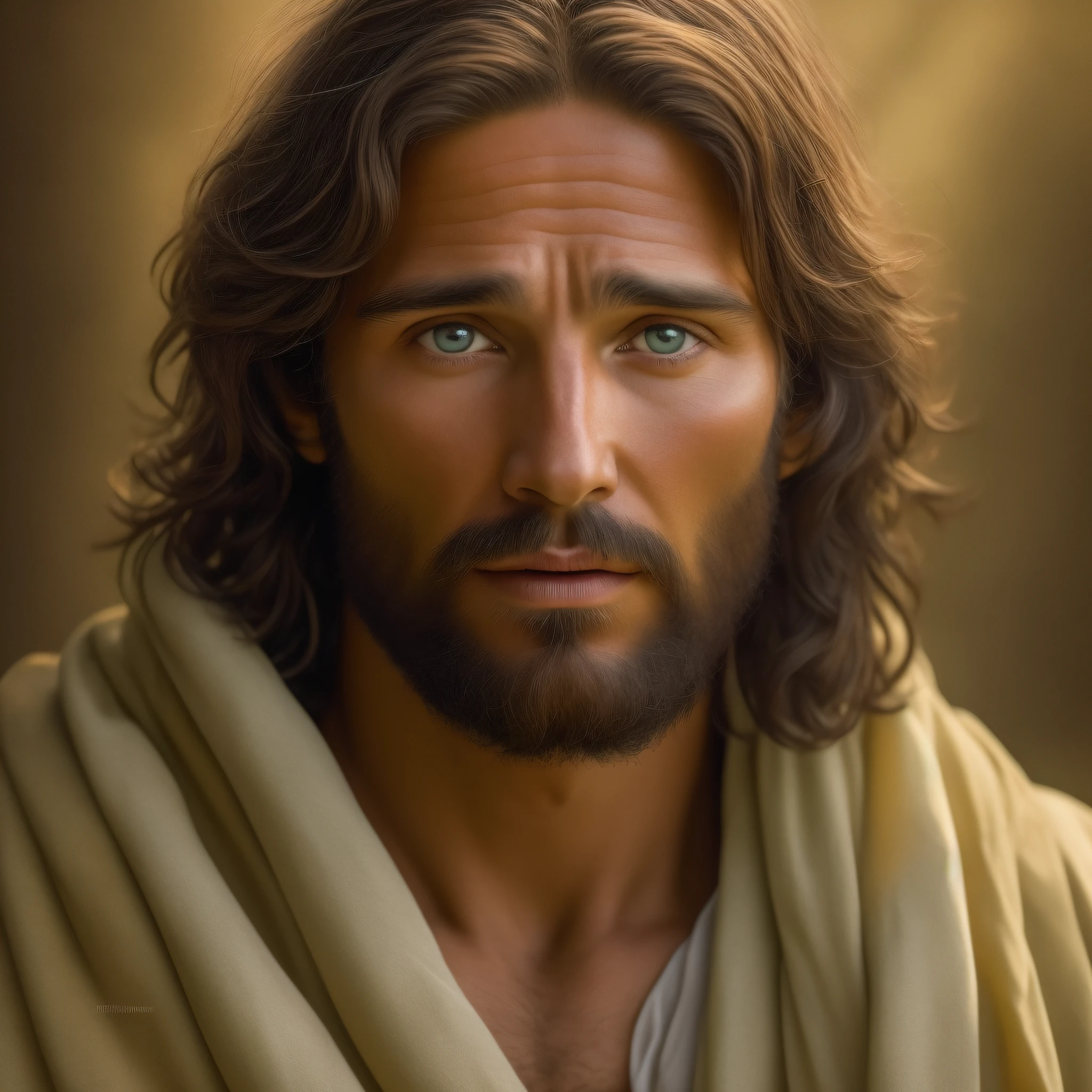 "Gere uma imagem de Jesus em estilo realista, .com longos cabelos castanhos e barba. His eyes are kind and expressive, e ele tem uma aura de paz e sabedoria ao seu redor. Por favor, garanta que a imagem seja de alta qualidade e rica em detalhes, capturing the essence of Jesus as a symbol of love and compassion."