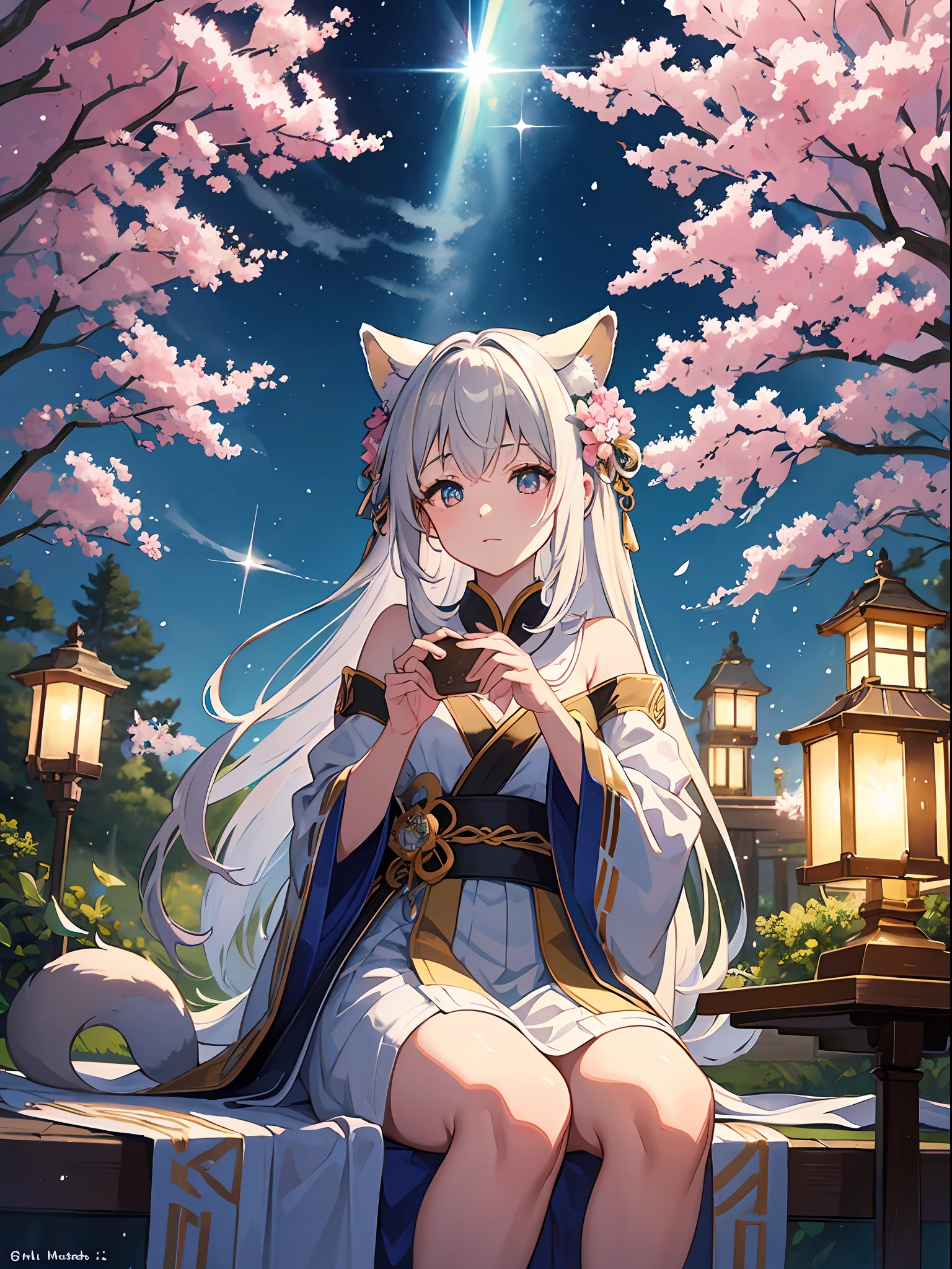 ((16K、masterpiece、top-quality))、ink and watercolor painting、ink and watercolor painting、Witches、Silver eyes、Silvery hair、Traditional costumes、Tanuki ears、racoon tail、Beautiful light reflection、lensflare、Seasonal geometric patterns、Sakura blizzard、Young leaves in summer、Colored leaves、Snowflake、natural、the golden ratio、pastels、soothing、Soft tones