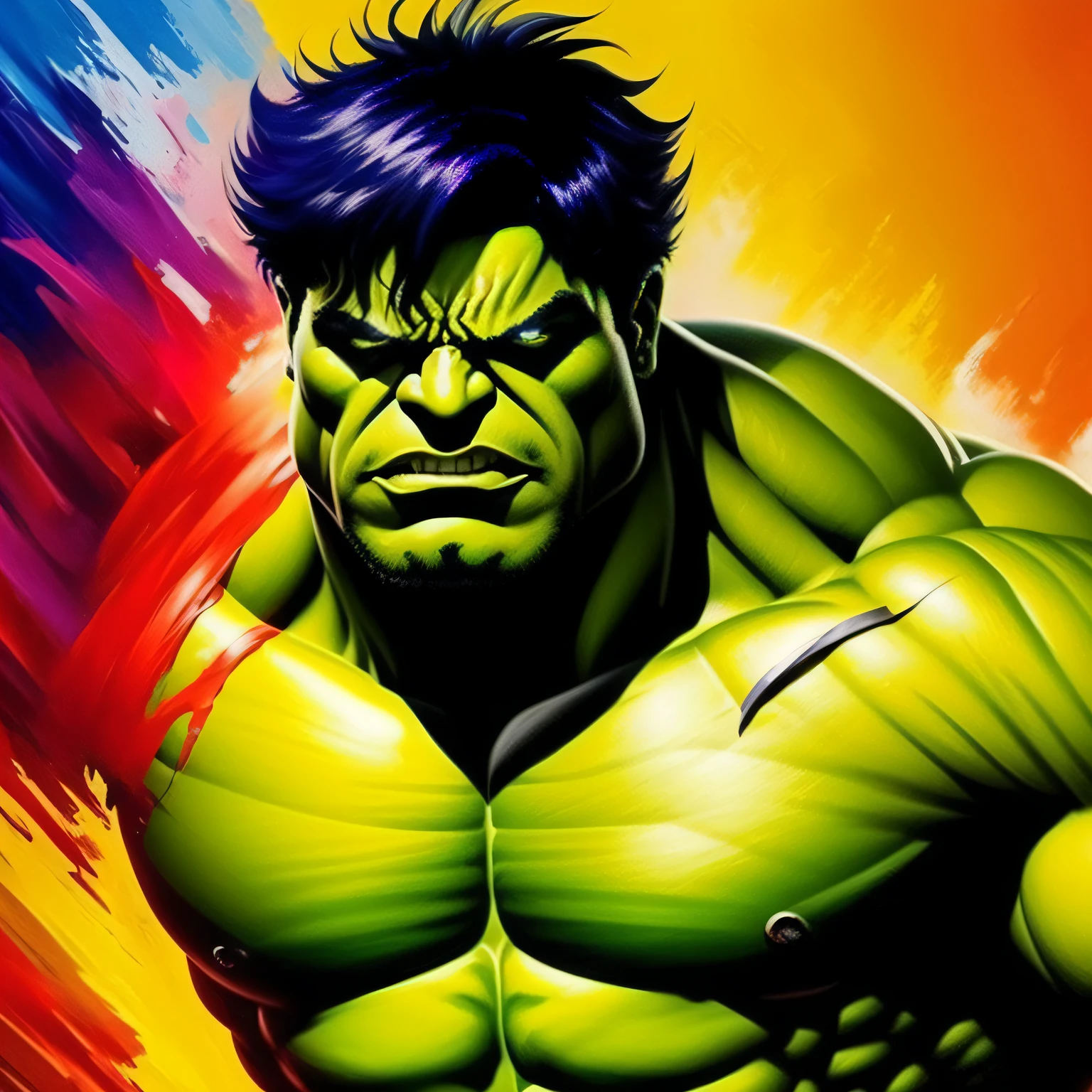 Hulk (corpo inteiro). Pintura estilo: "impressionismo", com cores vibrantes bem definidas em 8K. Paint in such a way that the characters are easily recognizable and reveal the perfection of the characters' facial expressions.