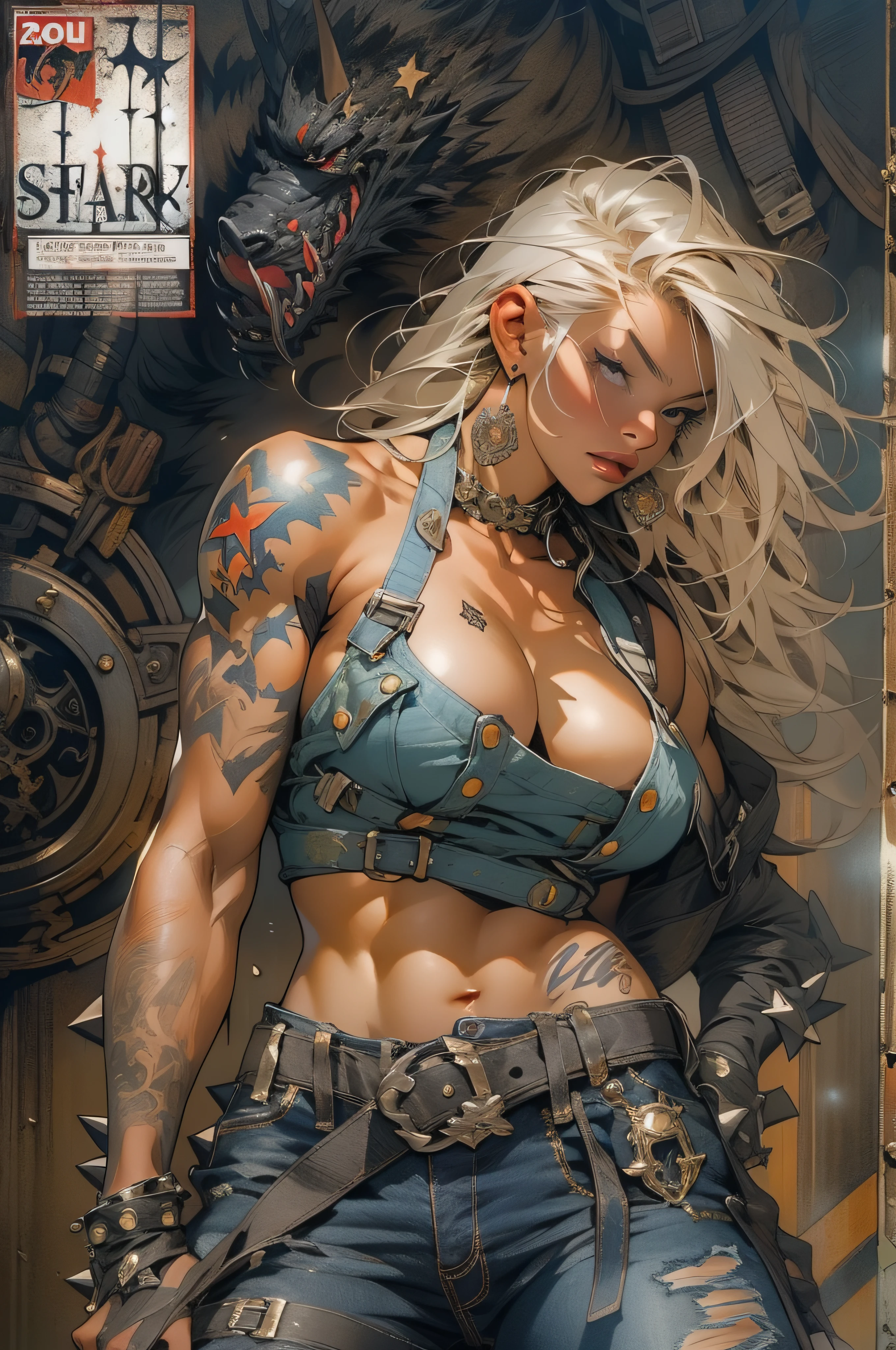 (((woman))), (((best quality))), (((masterpiece))), (((adult))), (((full body)))), A muscular 35-year-old full-body warrior perfect body, almost naked in Simon Bisley's urban savage style for the cover of Heavy Metal magazine, blonde hair, Minimal clothing, armor (dark blue with white stars), full of ink-stained spikes and rivets, 5-pointed star tattoo, (((full body)))
