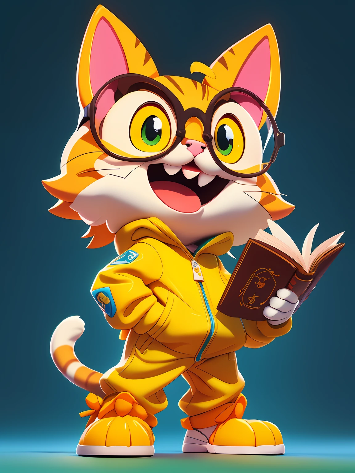 Tiny and cute isometric cat emoji, soft smooth lighting, with soft pastel colors, 3D icon clay rendering, lente de 120 mm, 3D blender rendering, trending on polycount, construtivismo modular, cinza, Physically-based rendering, centralizado gata, obra-prima, melhor qualidade, mais alta qualidade de imagem, bonito, mascote, criatura, =3, Cartoon cat with glasses and a yellow jumpsuit holding a book, anthropomorphic female cat, anthropomorphic cat, inspirado em Stan e Jan Berenstain, Harry Volk Estilo Clip Art, Azulzinho, cartunesco bonito, estilo vetorial cartunesco, Criado no Adobe Illustrator, anthropomorphic cat, in cartoon style, personagem de desenho animado 3d