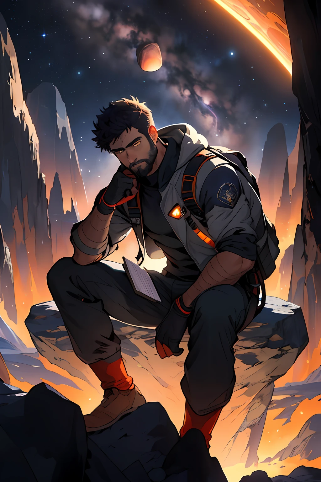 Draw a young programmer, sitting on a research platform floating in the middle of an asteroid belt. He is studying with a notebook, surrounded by several asteroids glowing with fiery auras. Dramatic lighting from distant stars and planets illuminates the scene, casting deep shadows on the suit. The young man looks confident and determined, looking at the vast and mysterious universe with wonder and respect,facial hair, cowboy shot,