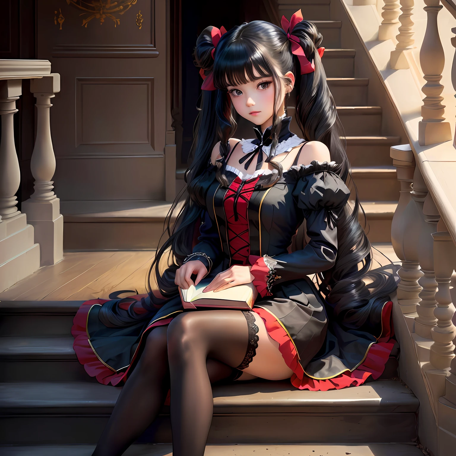 masterpiece, crossdressing, best quality, , shota, long hair, black hair, ahoge, black kneehighs, vibrator in thighhighs, gothic_lolita, heart in eye, barefoot,