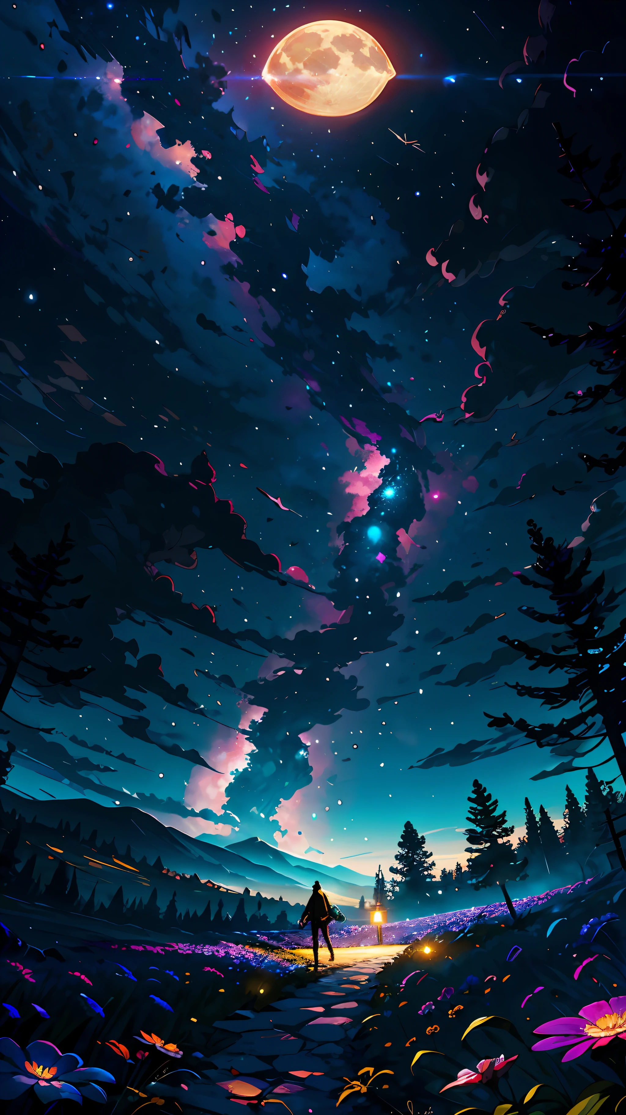 Expansive landscape photograph,(look from down,Above is the sky of fantasy,Below are open fields),A girl standing on a flower field looking up,(moon full:1.2),(meteors:0.9),(Starcloud:1.3),Far Mountain, Tree BREAK making art,(Warm light source:1.2),(glowworm:1.2),lamp lights,Lots of purple and orange,Complicated details,Volumetric lighting BREAK(tmasterpiece:1.2),(best qualtiy),4K,ultra - detailed,(dynamic compositions:1.4),detail-rich,plethora of colors,(Irridescent color:1.2),(with light glowing,Atmospheric lighting),dream magical,magical,(独奏:1.2)