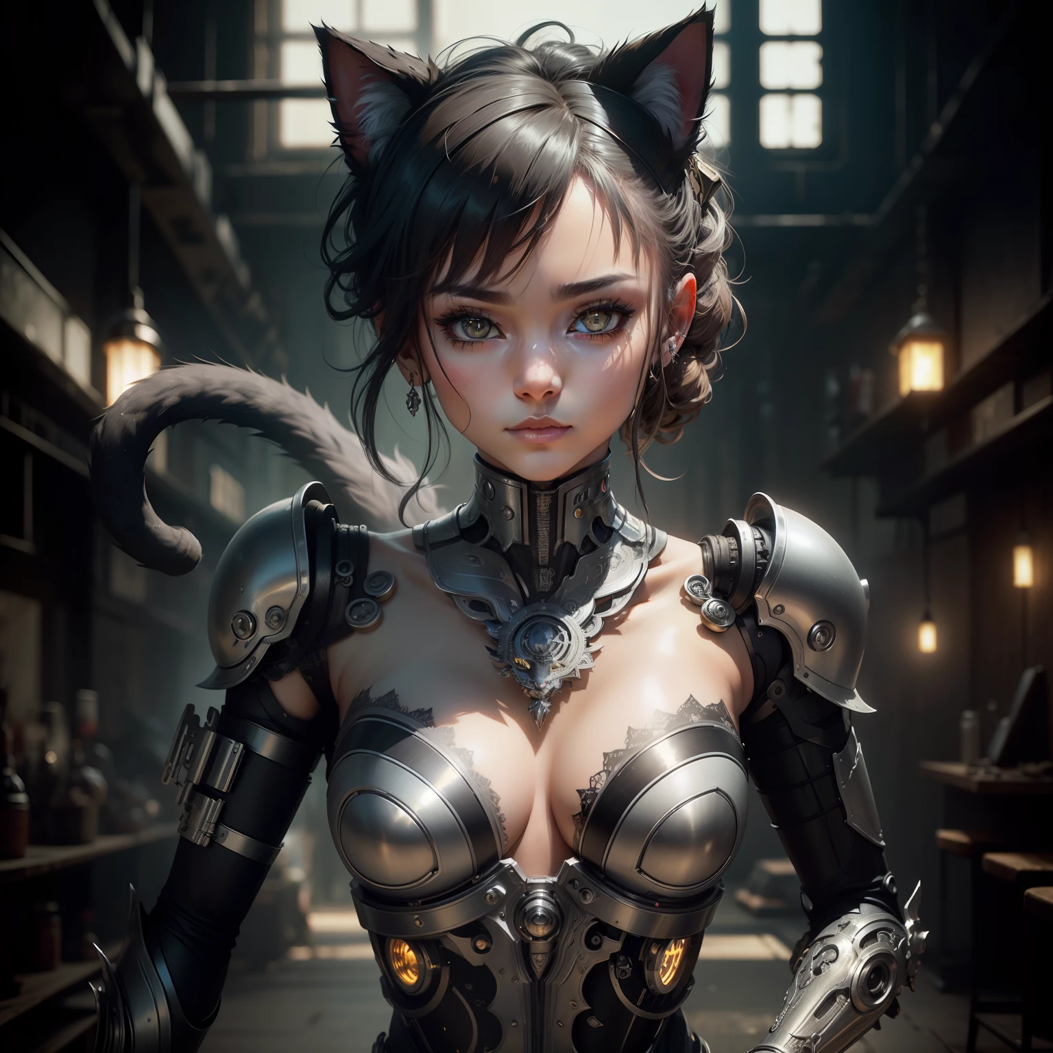 to8contrast style, a cute smoky kitten made out of metal, (cyborg:1.2), ([tail | detailed wire]:1.3), (intricate details), hdr, (intricate details, hyperdetailed:1.2), cinematic shot, vignette, centered, by Stray game, (the most beautiful portrait in the world:1.5)