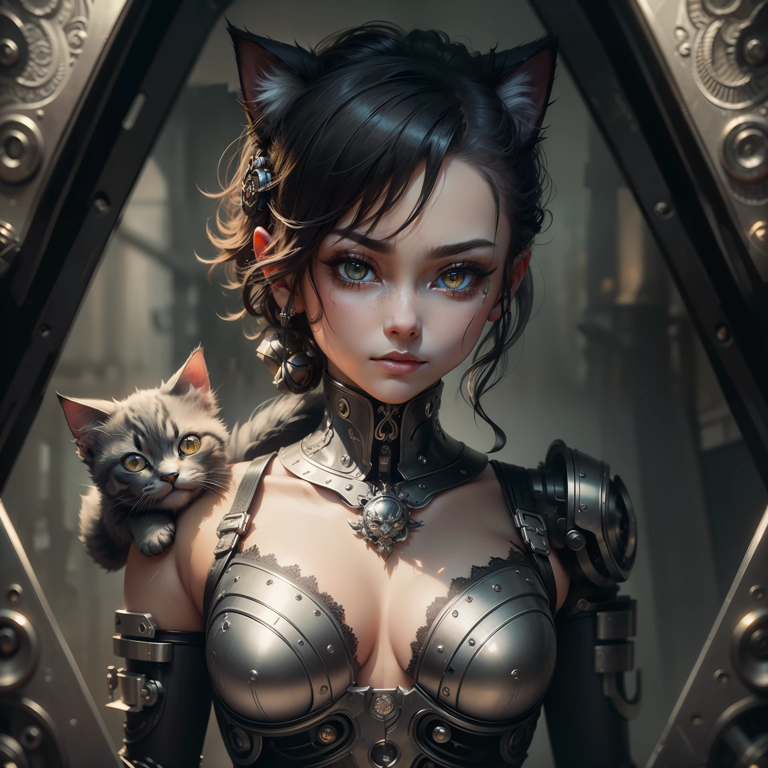 to8contrast style, a cute smoky kitten made out of metal, (cyborg:1.2), ([tail | detailed wire]:1.3), (intricate details), hdr, (intricate details, hyperdetailed:1.2), cinematic shot, vignette, centered, by Stray game, (the most beautiful portrait in the world:1.5)