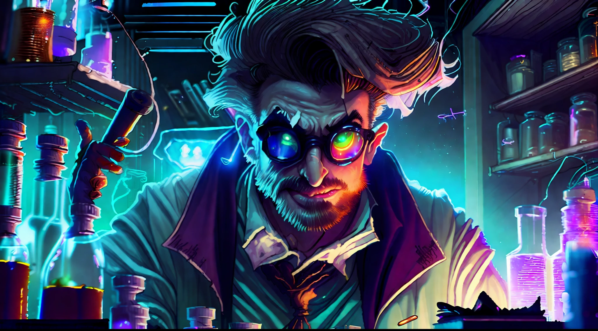 High quality, hyper details, 8k, wallpaper, Mad scientist in his lab, mess, manic expression, sentado, contruindo um objeto misterioso, particulas por toda a imagem