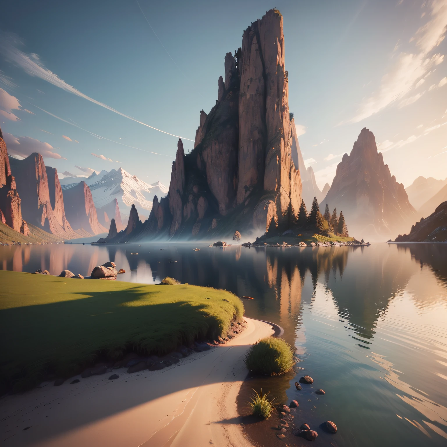 mountains and a body of water with a small island in the middle, Beautiful visualization of the landscape, Альбомный рендер 8 K, Рендеринг на движке Unreal Engine 4 K HQ, Рендеринг в Unreal Engine 4K HQ, unreal engine 4k wallpaper, fantasy style 8 k octane render, highly detailed 4k digital art, Матовая покраска Unreal Engine, realistic fantasy render, daily render