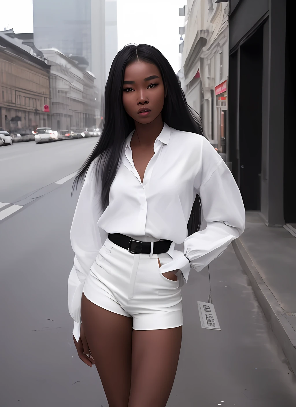 (realism, photo, Black Asian model, teint sombre, cheveux blancs, jeune fille mince de 18 ans en costume blanc, poitrine moyenne, tiktok, belle, instagram, style de Peter Lindbergh)