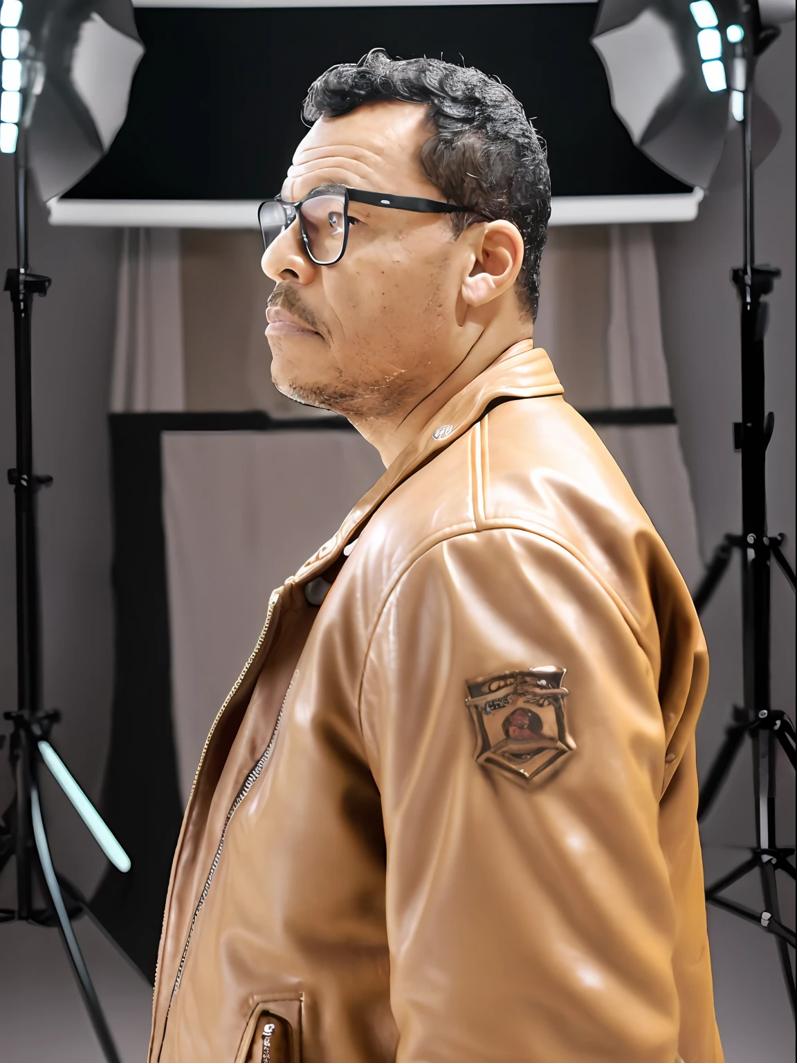 guttonervision8, portrait of a man, glasses, (((detailed skin face))), expression wrinkles, raw beige leather jacket, white T-shirt without print, stiff countenance. Ultra detailed scene, dslr camera with 50mm Lens, soft studio lighting, ((vignette))